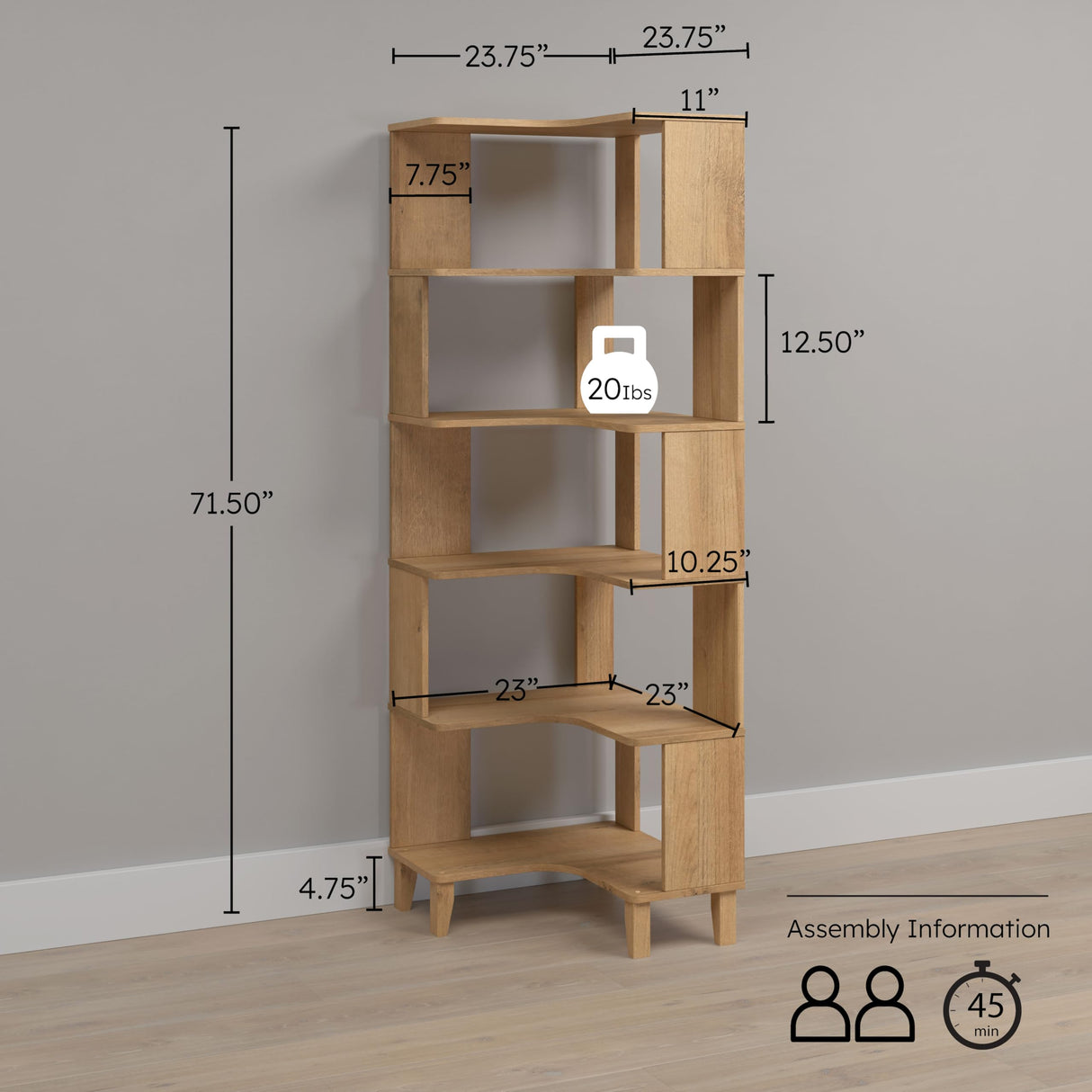 Prepac Nordik 6-Tier Natural Oak Modern Mid Century Corner Bookcase, 71.5" Extra Tall Corner Shelf with Storage, Multifunctional Freestanding Bookshelf for Home Office, Living Room, Bedroom Prepac