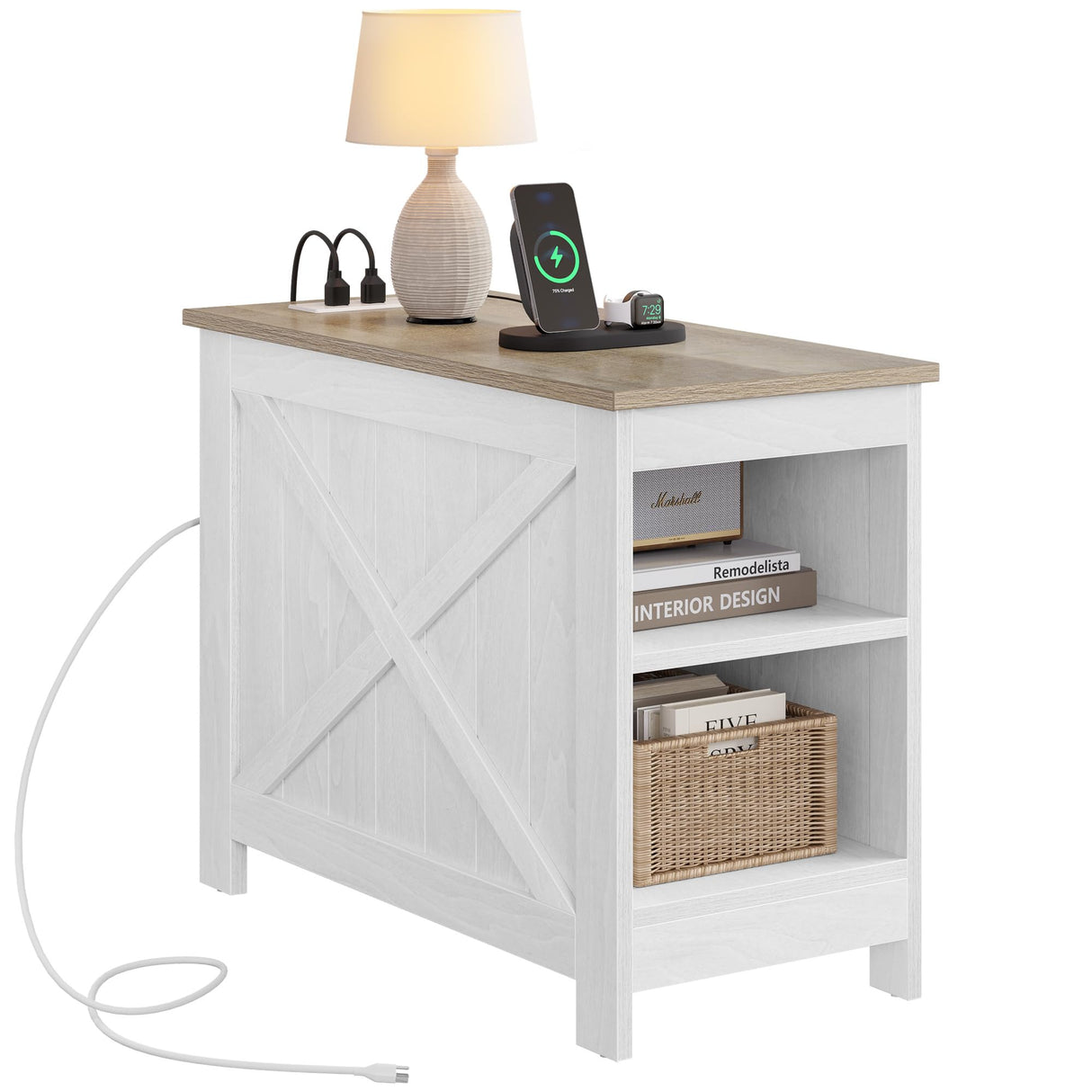 YITAHOME End Table with Charging Station, Narrow Side Table with Storage Shelf, Farmhouse Nightstand with Storage for Small Spaces, Living Room, Bedroom, Grey Wash YITAHOME