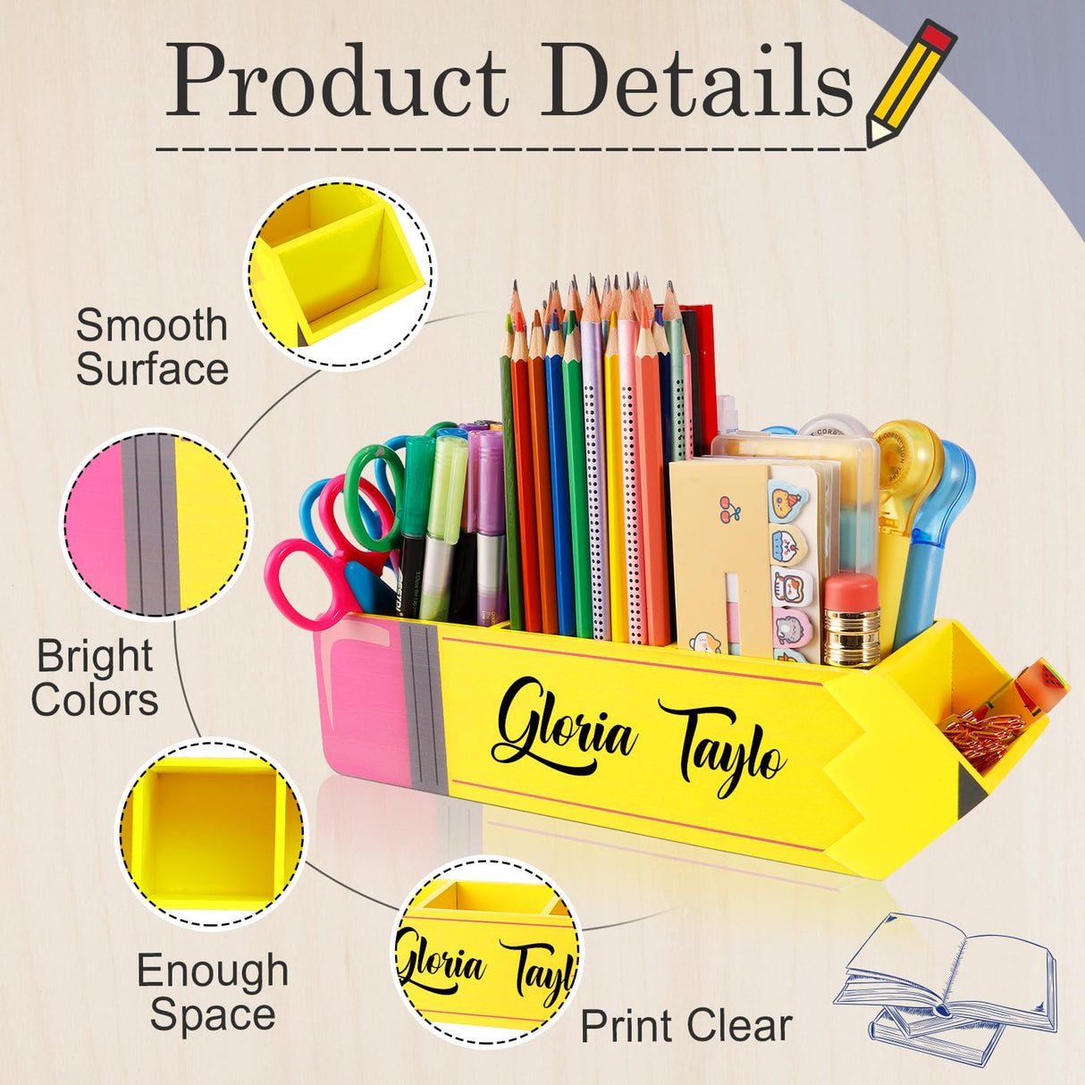 Zhamate Personalized Pencil Holder, Teacher Appreciation Gifts Teacher Name Pencil Holder Wooden Pencil Shape, Teachers' Day Birthday Supplies for Women Men Desk Sign Classroom School Office Decor Zhamate