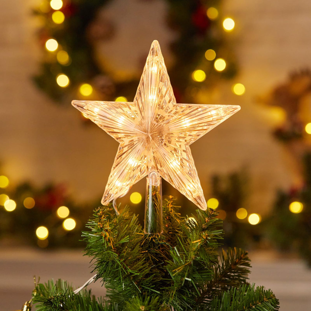 Christmas Tree Topper Lighted Star with Built-in 10 Replaceable Bulbs, 9.5” Clear Five-Pointed Star Tree Topper Plug in for Indoor Office Xmas New Year Holiday Tree Decoration, Warm White Brightown