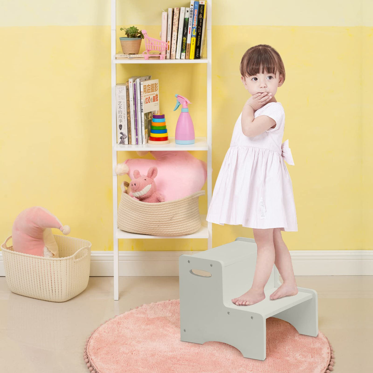 WOOD CITY Wooden Toddler Step Stool for Kids, Grey Two Step Children's Stool with Handles, Bonus Non-Slip Pads for Safety, Bathroom Potty Stool & Kitchen Step Stools Dual Height… WOOD CITY