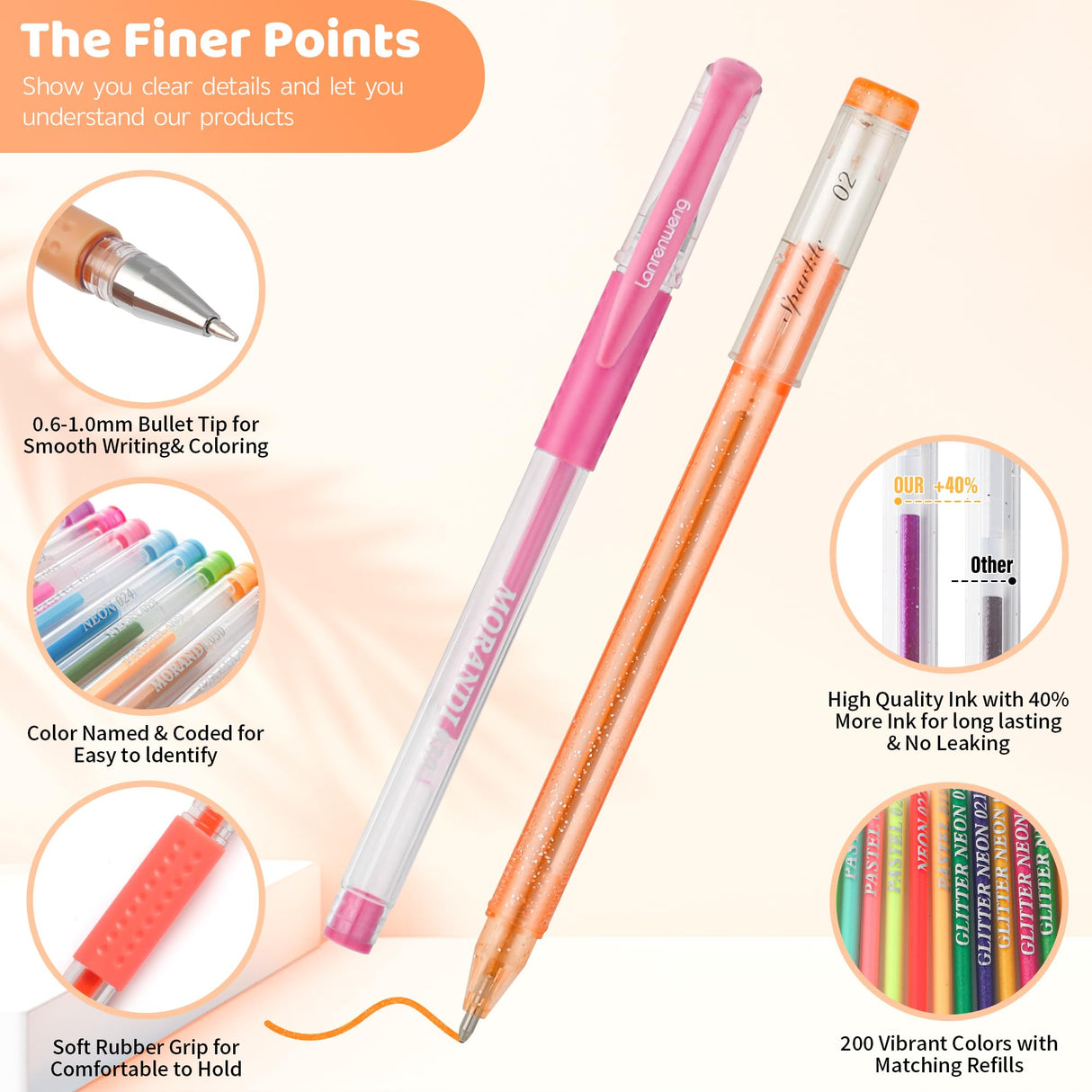 LANRENWENG 400 Pack Gel Pens for Adult Coloring Books, 200 Colored Gel Pen Include 200 Refills with 40% More Ink,Glitter Gel Pens Set for Coloring Books Drawing Journaling Scrapbook Art Supplies LANRENWENG