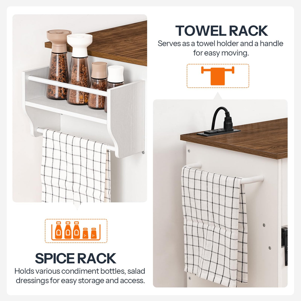 HOOBRO Kitchen Island with Storage, Power Outlet, Rolling Kitchen Island Cart on Wheels, with 2 Drawers, Sliding Barn Doors and Lockable Wheels, Farmhouse, White and Walnut WH28UZD01 HOOBRO