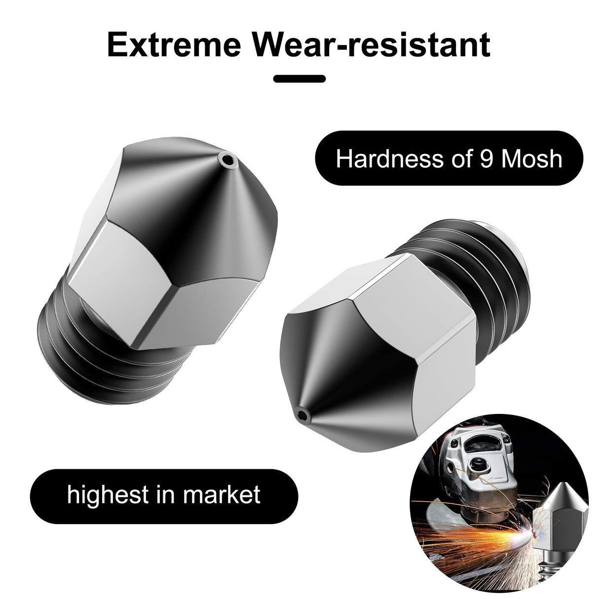 Tungsten Carbide 3D Printer MK8 Extruder Nozzle, High Temperature Printing, Super Wear Resistant, 0.4mm/1.75mm Dawnblade