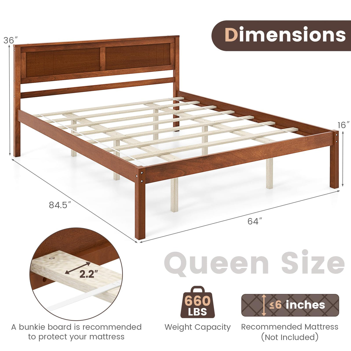 KOMFOTT Queen Size Wood Platform Bed Frame with Headboard, Solid Wood Bed Frame with Slat Support, 10-Leg Support, Under Bed Storage, 16” Mattress Foundation Bedroom Furniture, No Box Spring Needed KOMFOTT