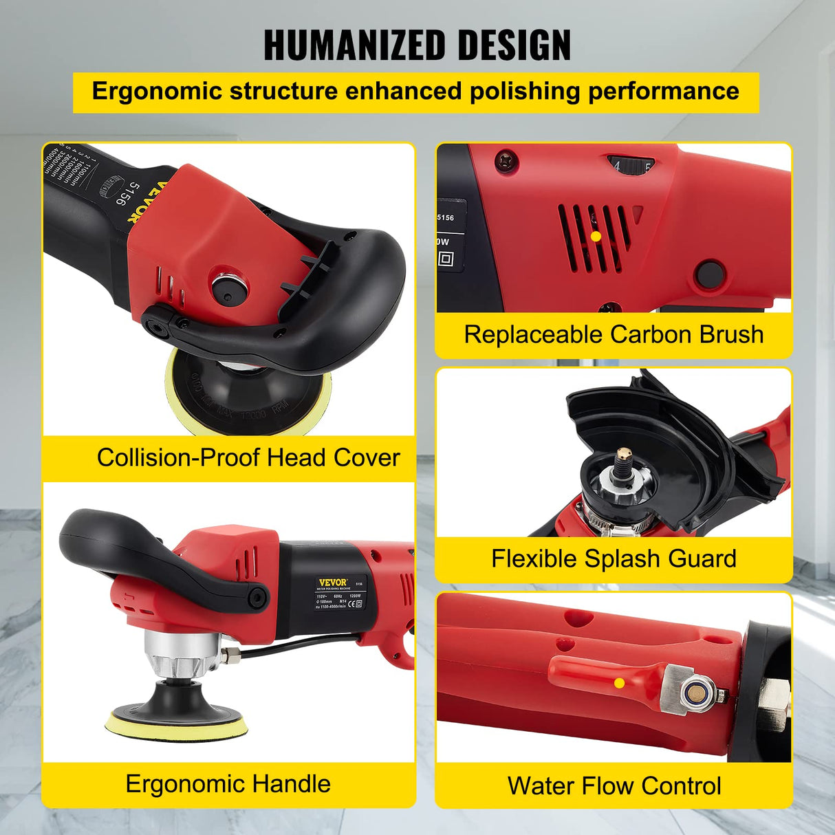 VEVOR Wet Polisher Grinder, Variable Speed 4" & 5" Diamond Polishing Pads, Buffing Machine with 78.7" Water Pipe Adapter & Splash Shield, Electronic Concrete Stone for Title Floor Countertop CE VEVOR