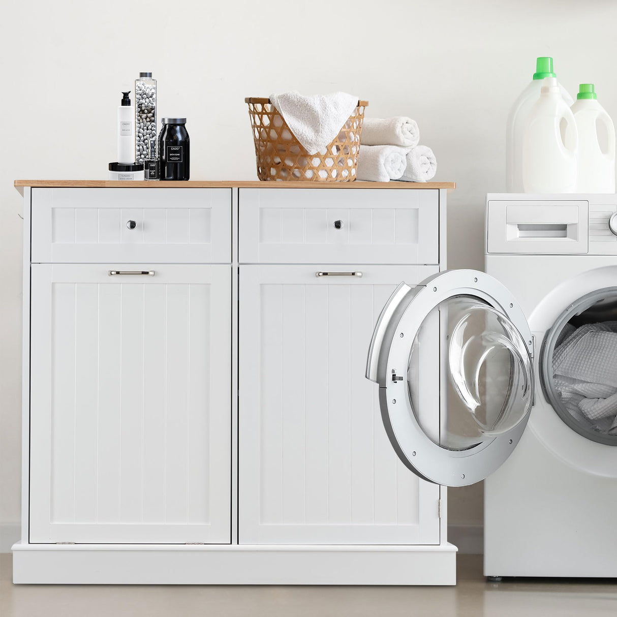 Ancohom Double Tilt Out Trash Cabinet 13 Gallon Kitchen Waste Bins, Laundry Hamper Tilt Out Freestanding Pet Proof Trash Can Garbage Can Holder for Living Room Dining Room (White) Ancohom