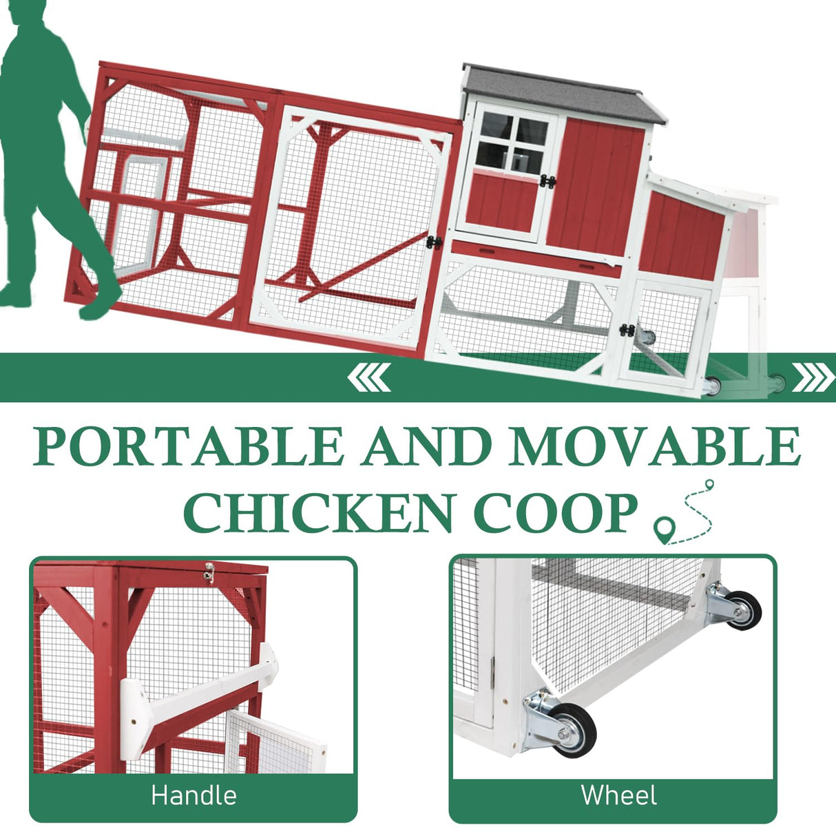 Magazoopet 95.3" Large Chicken Coop with Run, Tractor Hen Chicken House with 3 Nesting Boxes, Portable Duck Rabbit Quail Hutch Poultry Cage for 4-6 Chickens with 6 Access,Pull-Out Tra (Red) Magazoopet