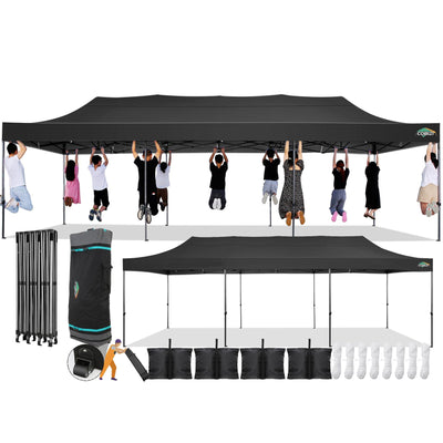 COBIZI 10x30 Pop Up Canopy Without Sidewall,Heavy Duty Canopy UPF 50+ All Season Wind Waterproof Commercial Outdoor Wedding Party Tents for Parties Gazebo with Roller Bag(10 x 30 ft Black)