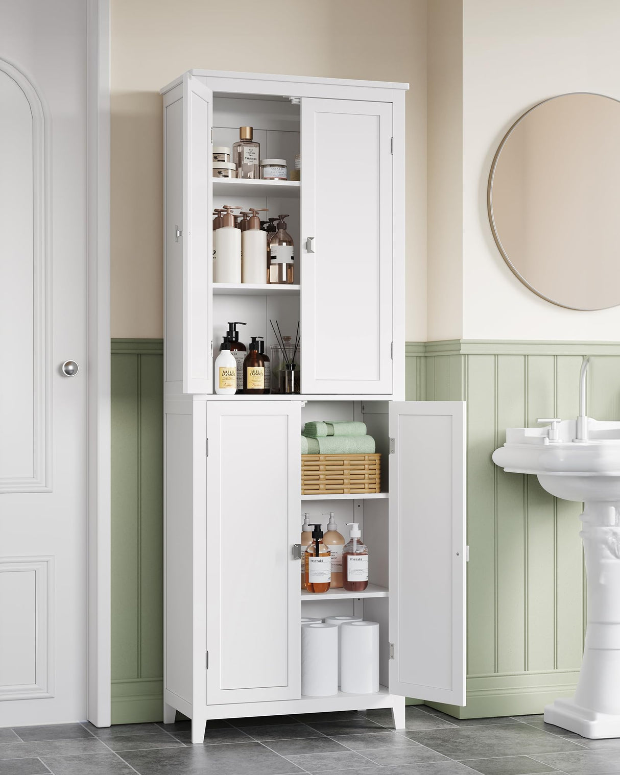 VASAGLE Floor Storage Cabinet, Freestanding Storage Unit with 4 Doors, Adjustable Shelves, 11.8 x 23.6 x 66.9 Inches, for Entryway, Bathroom, Cloud White UBBC550W01 VASAGLE