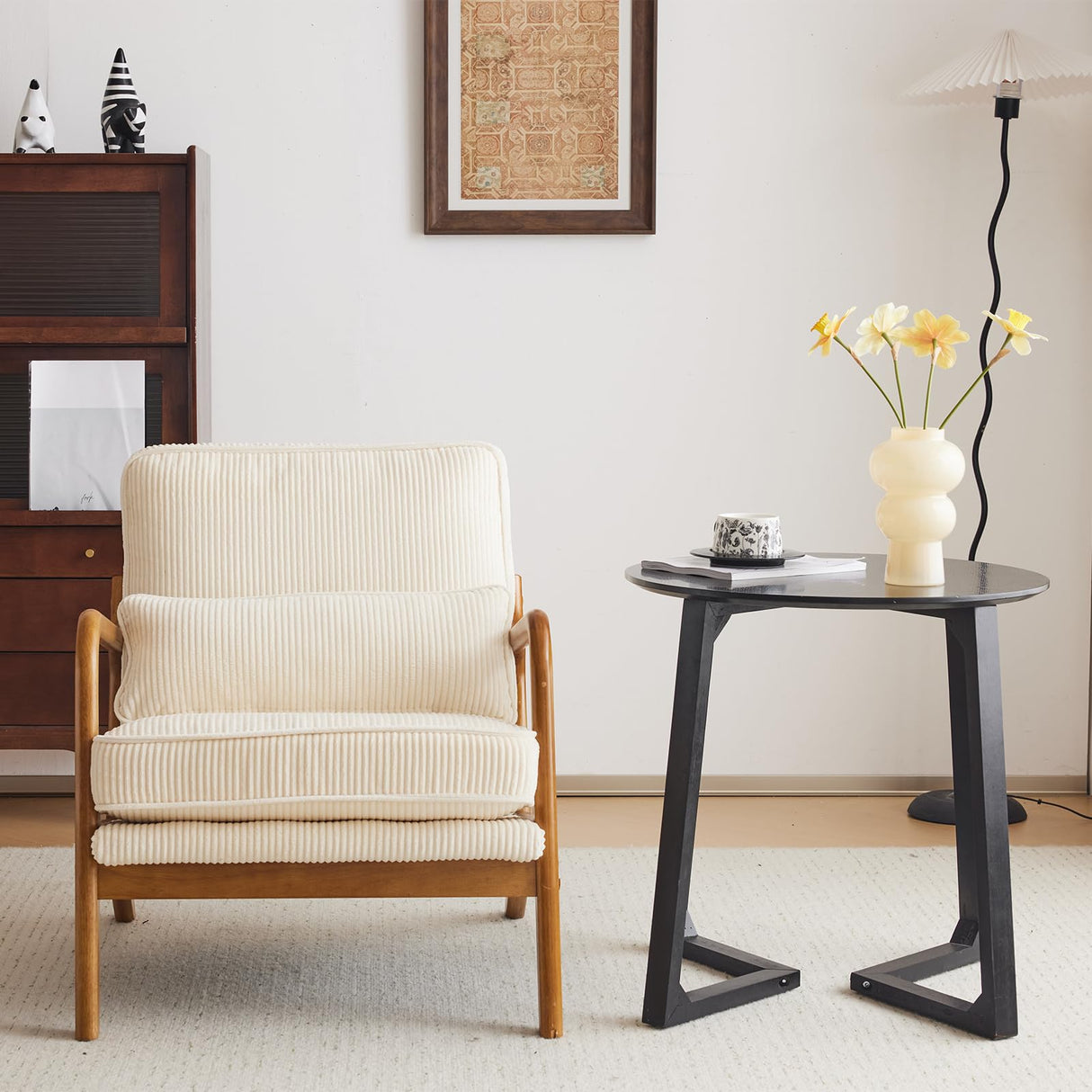 VINGLI Upgraded Premium Corduroy Accent Chair,Upholstered Arm Chair,Solid Wood Comfy Reading Chair with Lumbar Pillow, Mid Century Modern Chairs for Living Room,Bedroom,Guest Room,Beige VINGLI