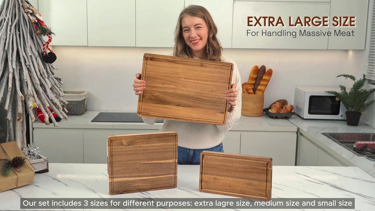 KOLWOVEN Wood Cutting Boards for Kitchen - Set of 3, Wooden Cutting Board Set with Holder for Chopping Meat, Cheese, Fruits, Vegetables, Knife Friendly Serving Tray KOLWOVEN