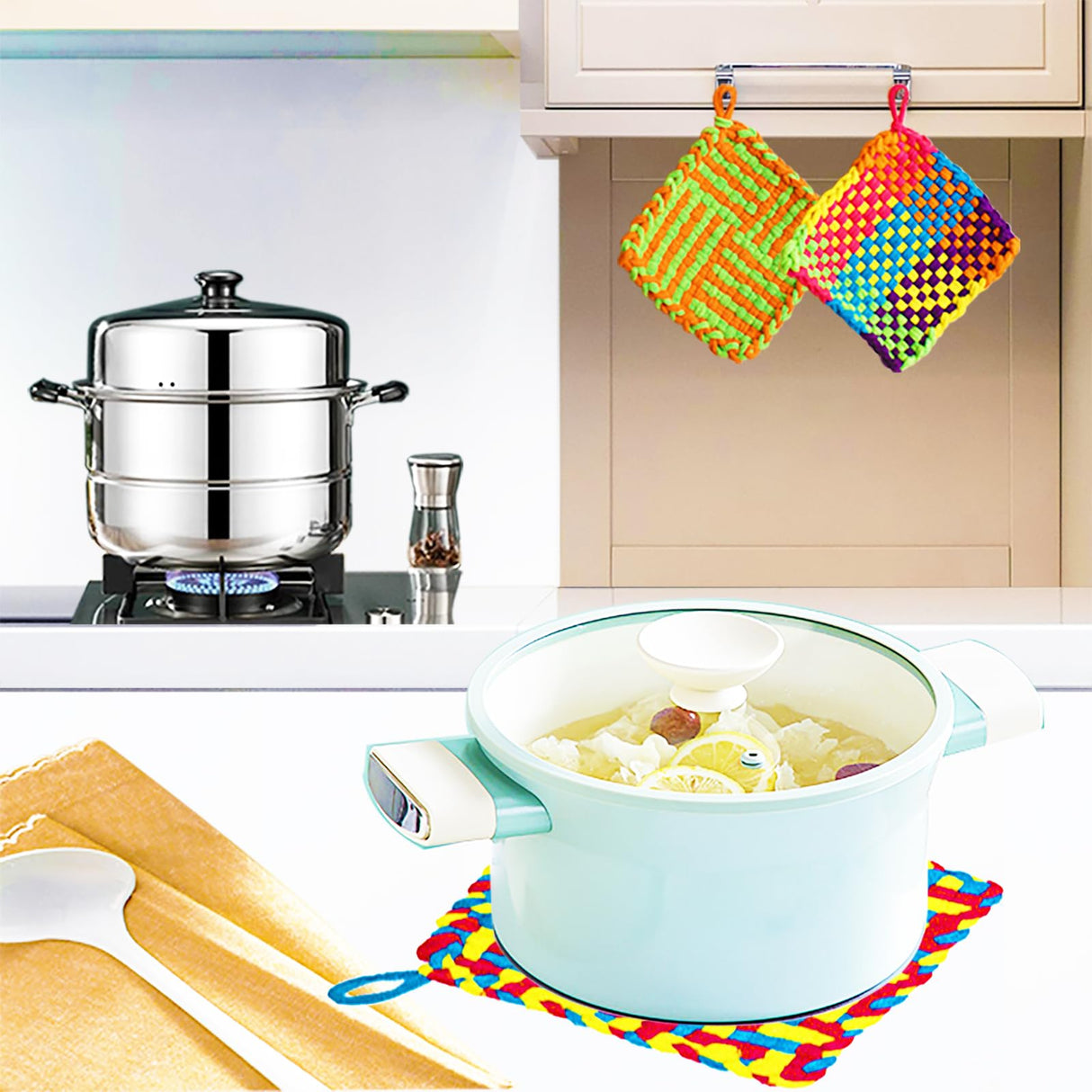 Tatahu Potholder Weaving Loom Kit - 300pcs Rainbow Knitting Refill Loops in 10 Colors, Make 8 Potholders for Beginners, DIY Arts and Crafts Tatahu