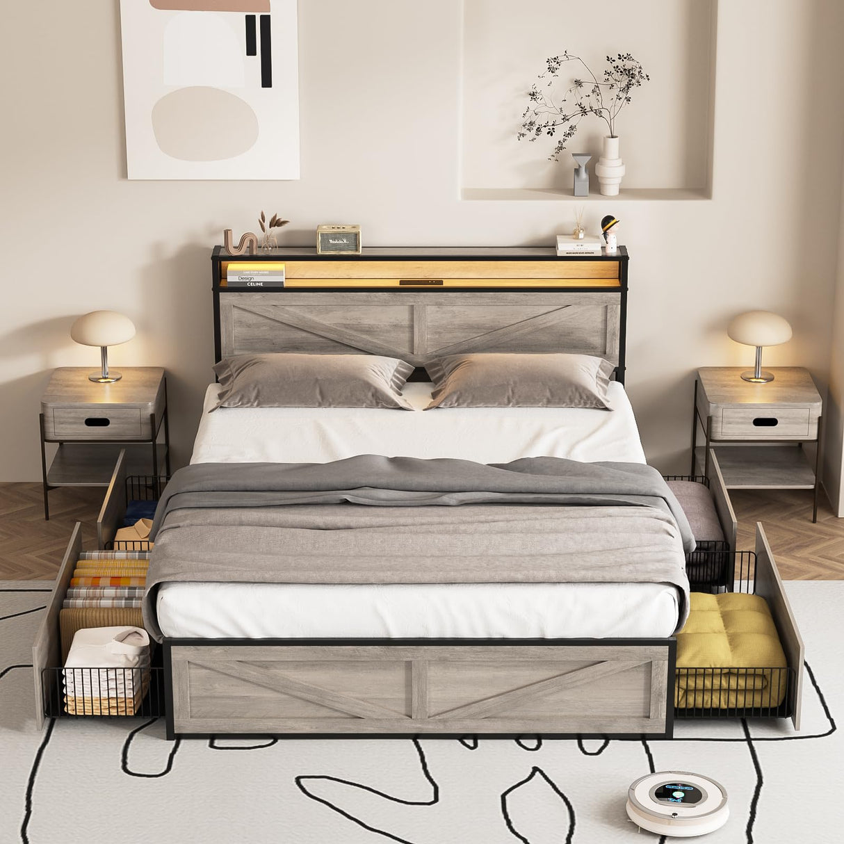 Halitaa Full Size Metal Bed Frame with LED Lights, Charging Station & 4 Storage Drawers in Wash Grey Halitaa