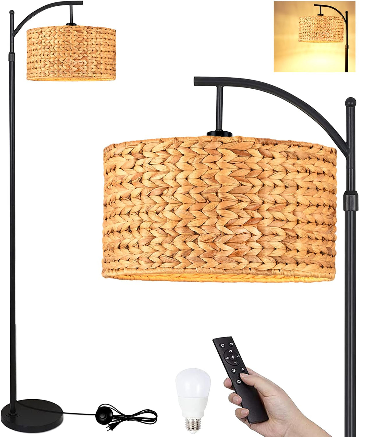 QIYIZM Floor Lamp for Living Room Bedroom Farmhouse Arc Rattan Boho Standing Lamp with Remote Dimmable Black Wicker Bamboo Lamp Shade Floor Light Adjustable Tall Lamp Industrial Floor Lamps Bohemian QIYIZM