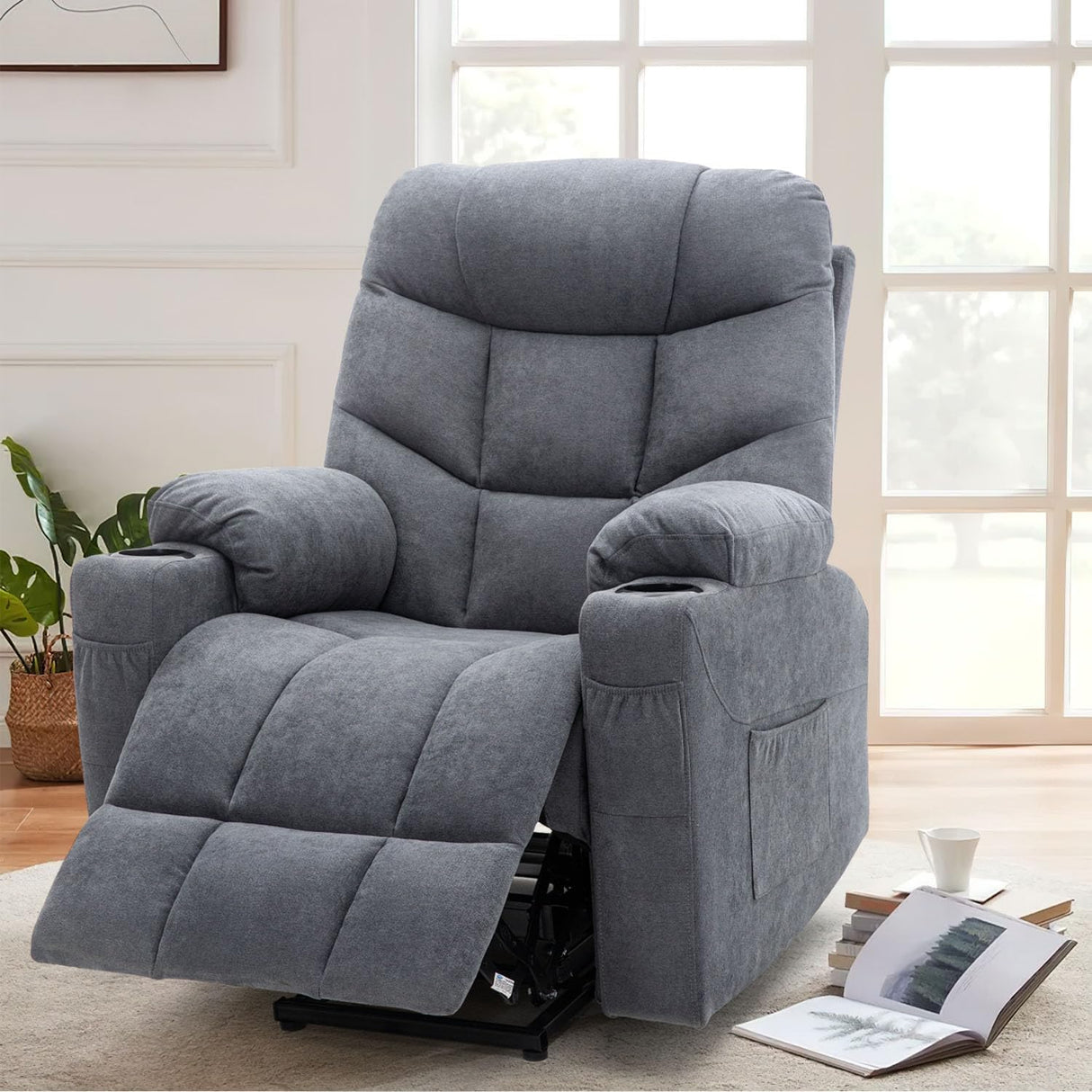 Esright Modern Electric Recliner Chair for Adults, Heavy Duty Power Lift Recliner with Heated Vibration Massage, Side Pockets, USB Charge Port & Cup Holders, Blue Grey Esright