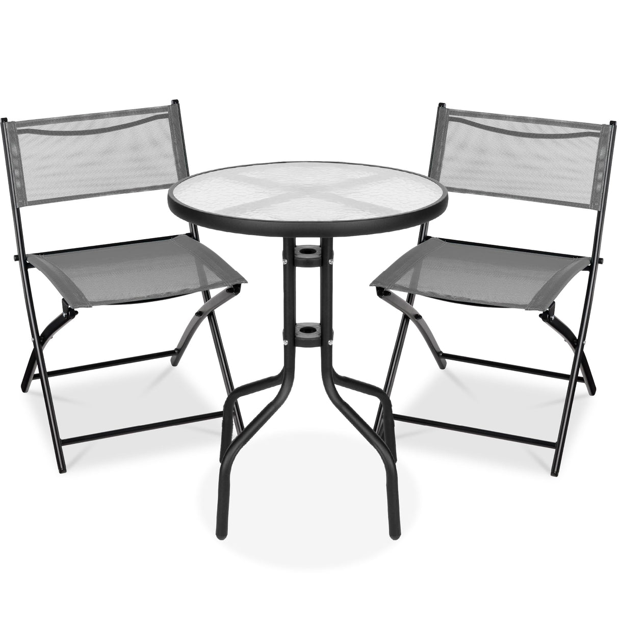 Best Choice Products 3-Piece Patio Bistro Dining Furniture Set w/Glass Tabletop, 2 Folding Chairs, Steel Frame, Polyester Fabric - Gray Best Choice Products