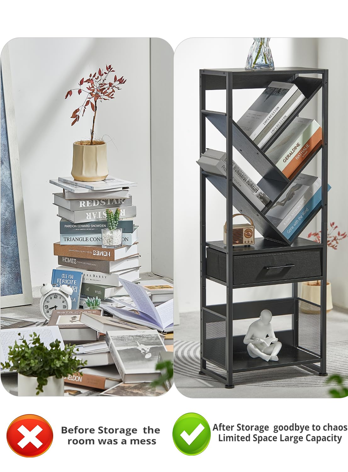 ZEXVIDA Bookshelf with Drawer,8 Tier Tree Bookcase Retro Floor Standing Bookshelves,Tall Wood Bookcases with Cabinet Storage Organizer for Living Room, Bedroom & Home Office, Black ZEXVIDA