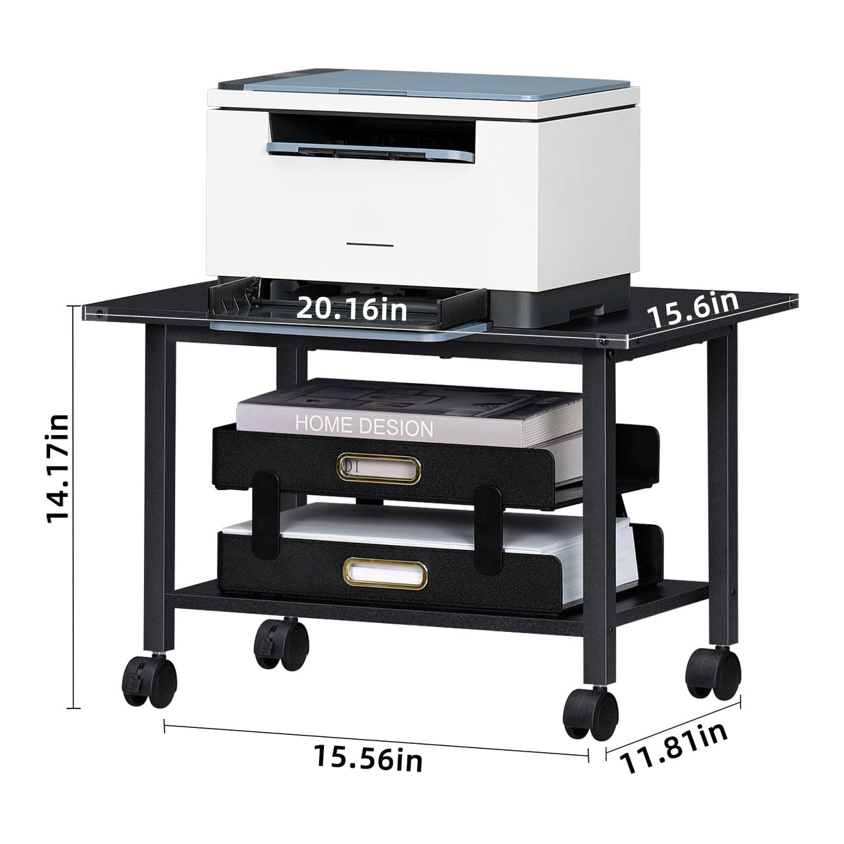 Lerliuo Under Desk Printer Stand, 2-Tier Industrial Mobile Printer Table with Storage Shelf and Steel Frame, Rolling Printer Cart Holder with Lockable Wheels for Home, Office (Black) Lerliuo