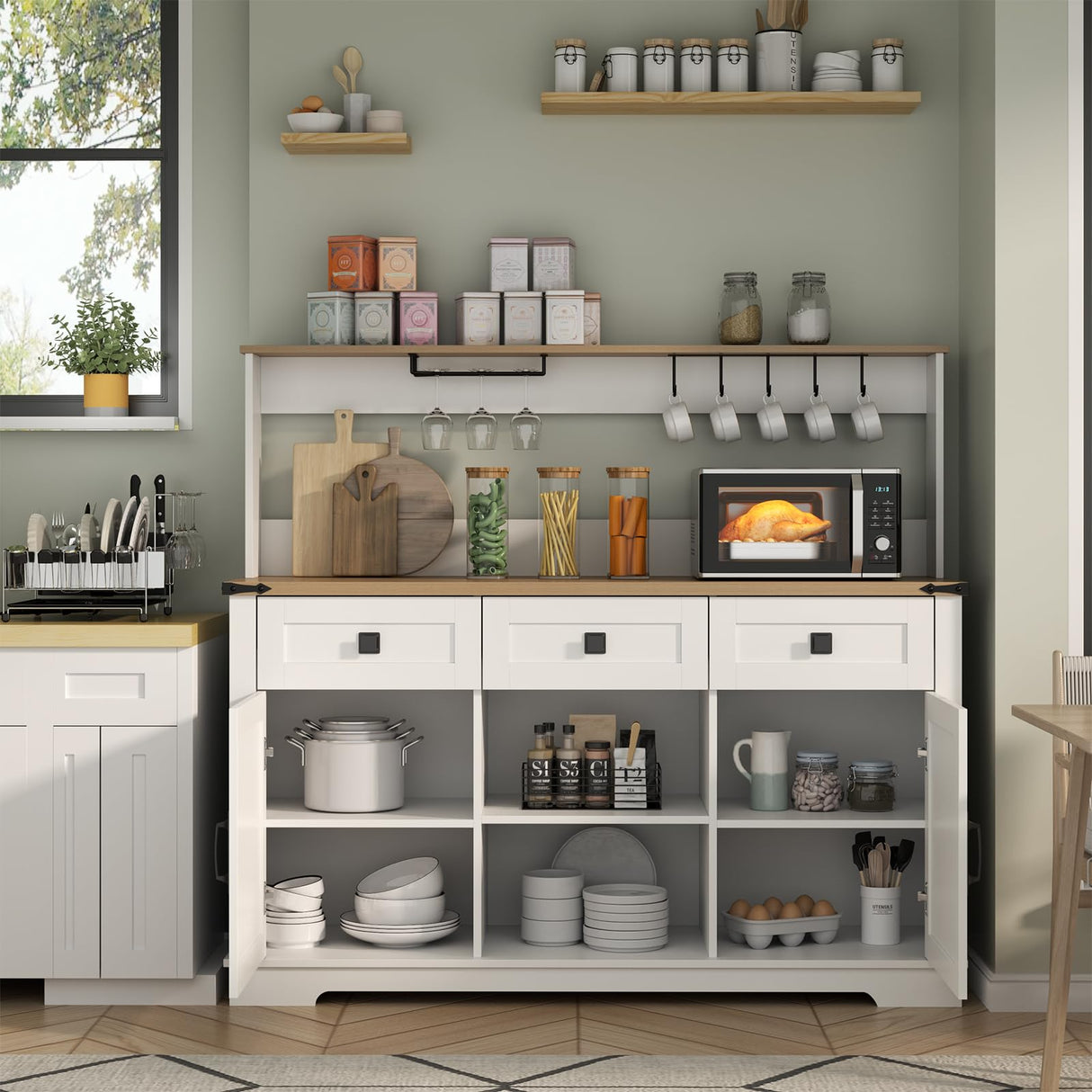 Gyfimoie Farmhouse Bar Cabinet with Hutch, Kitchen Buffet Cabinet with Storage Cabinet & 3 Sliding Drawers, Adjustable Shelf, Goblet Holder, Cup Hooks for Living Room, Dining Room Use (White) Gyfimoie