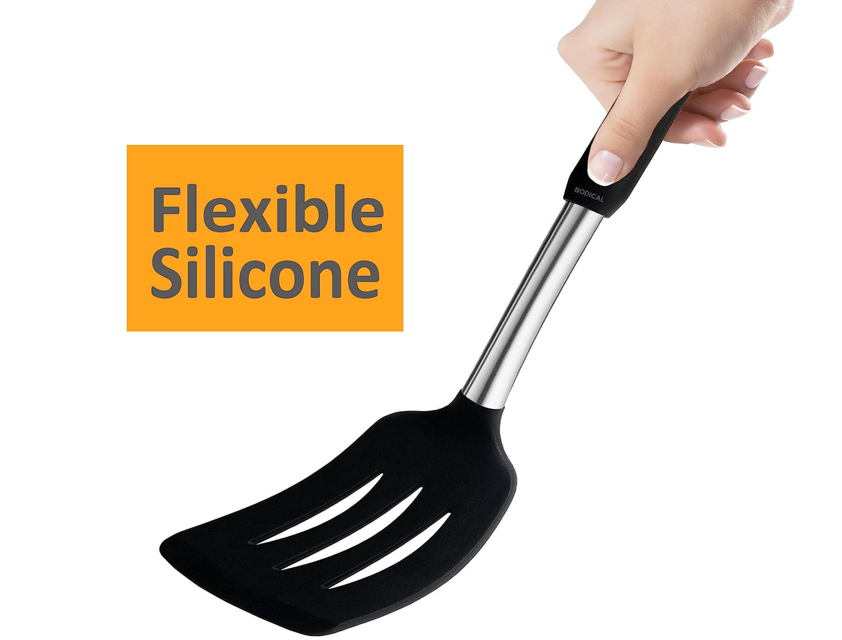 2 Pack Flexible Silicone Spatula, 600°F Heat Resistant Silicone Spatula Set for Nonstick Cookware, Kitchen Cooking Utensil Set for Egg Pancake Flipper-Slotted & Solid Spatula Set BodiCal