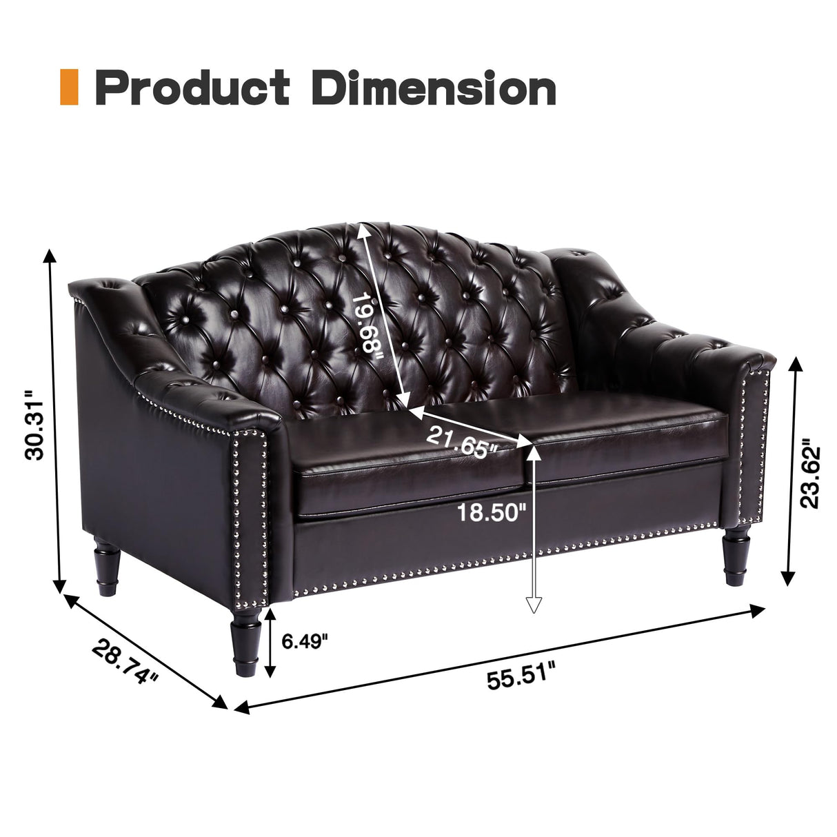 Chesterfield Loveseat, 55" Leather Love Seat Sofa, Comy Small Sofa Counch with Camelback for Small Spaces, Mid Century Modern 2 Deep Seats Couch for Apartment Living Room, Bedroom (PU-Loveseat, Brown) SUJOUCRAFT