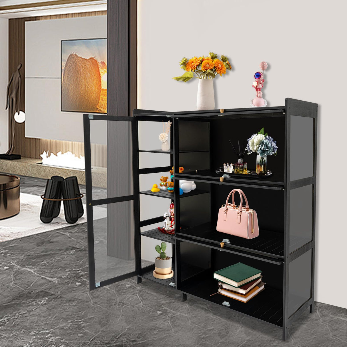 BANEBONE Display Cabinet with Acrylic Doors, 7 Storage Spaces Storage Cabinet & Curio Cabinet with Clear Acrylic Doors, Modern Black Bamboo & Composite Wood for Collectibles, Kitchen, Living Room BANEBONE