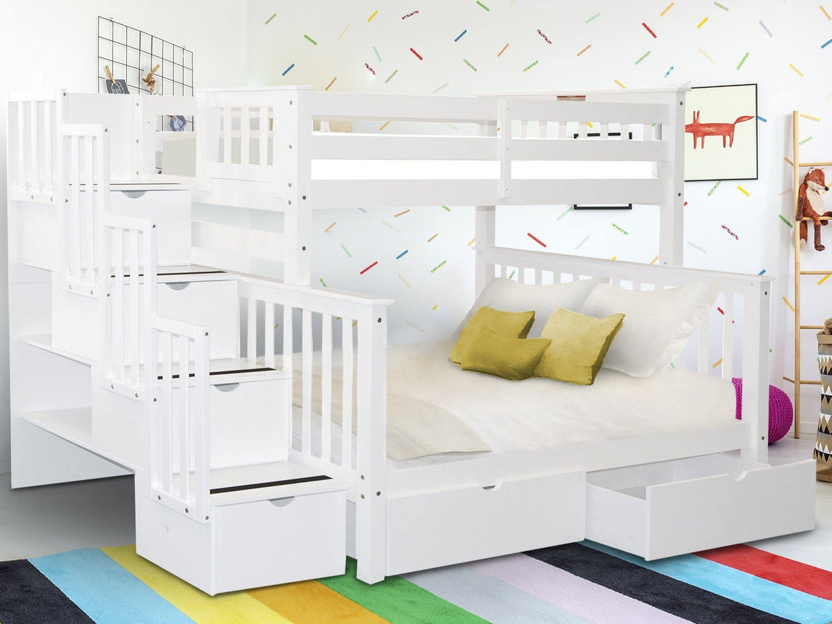 Bedz King Stairway Bunk Beds Twin over Full with 4 Drawers in the Steps and 2 Under Bed Drawers, White Bedz King