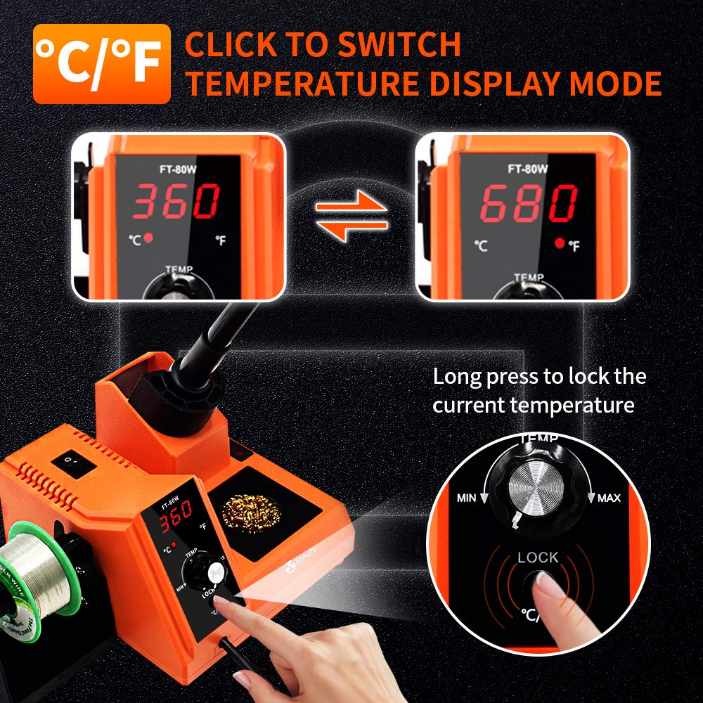 TOAUTO Soldering Station,80W Digital Solder Iron Station Kit with 176°F-896°F Temperature, C/F Func, Auto Standby & Sleep, Temperature Lock,5 Extra Solder Tips, Solder Bracket, Solder Sucker (Orange) TOAUTO