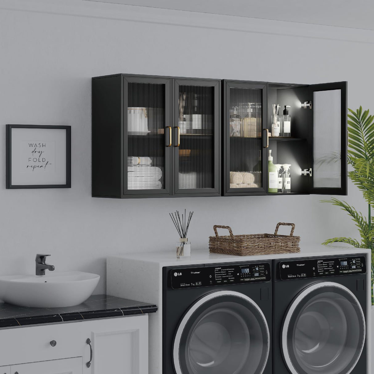 Furnaza LED Wall Storage Cabinets - Upper Kitchen Cabinets Laundry Wall Mounted Cabinets with 4 Acrylic Glass Doors and Shelf, in Black Furnaza