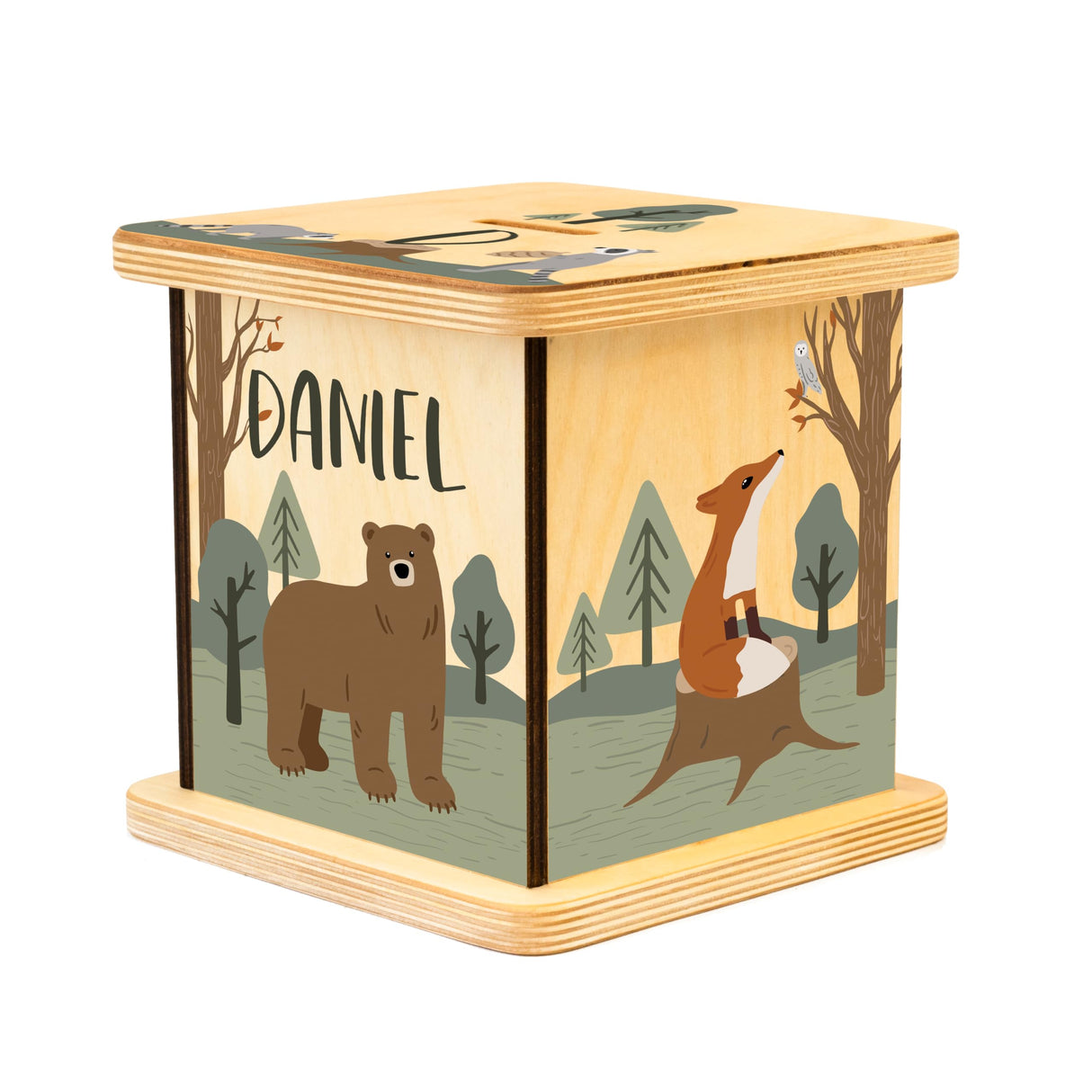 Wooden Piggy Bank for Kids and Adults, Personalized Gift Handmade in USA by BloomOwl, Custom Piggy Bank, Personalized Banks for Kids, Gifts for Baby Boys and Girls (Woodland) BloomOwl