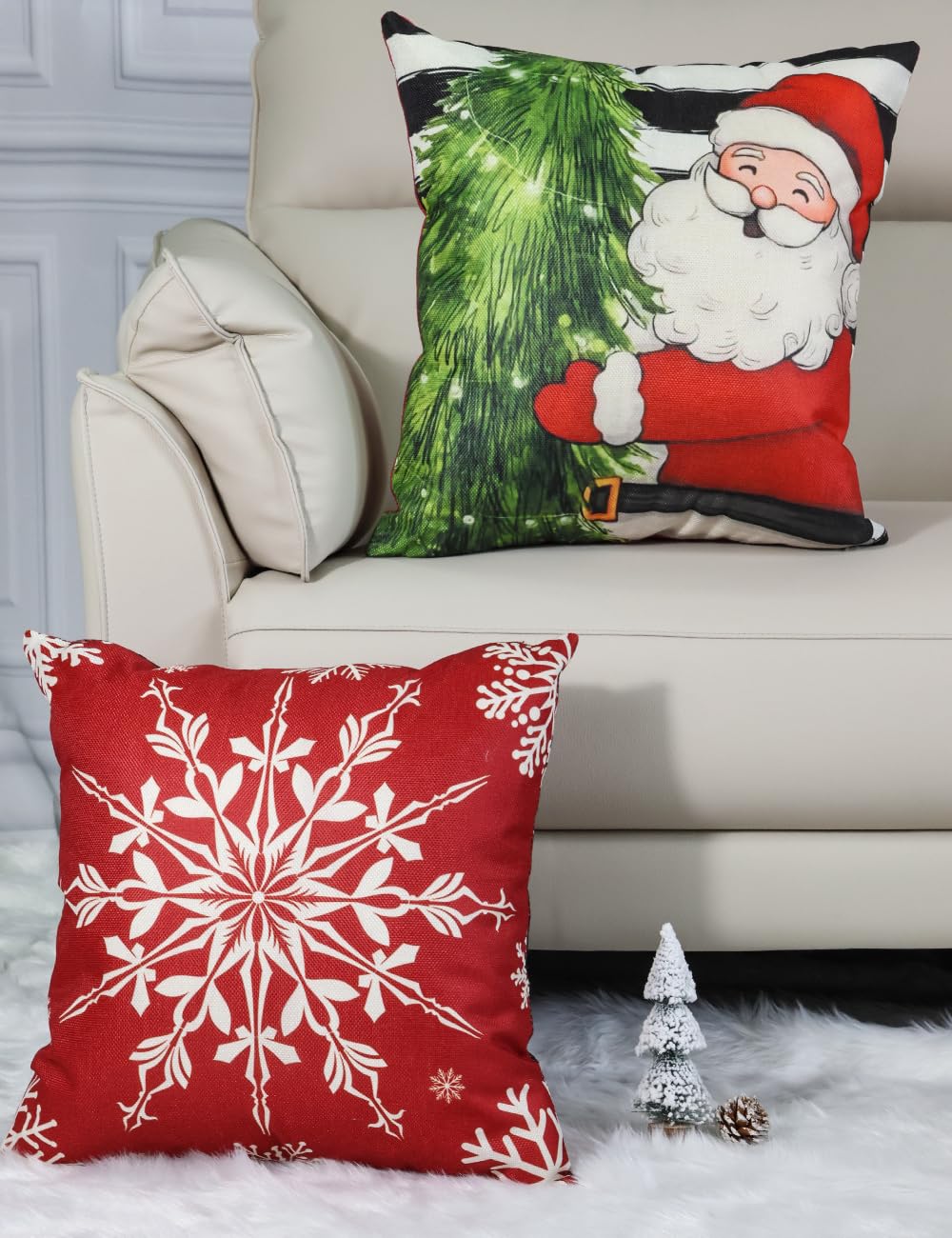 Double-Sided Print Christmas Pillow Covers 18''x18'', Set of 4, 8 Christmas Patterns Christmas Tree, Snowman, Snowflakes, Merry Christmas, Deer, Santa Claus,Truck, Let It Snow, Soft Linen Material TOYPOPOR