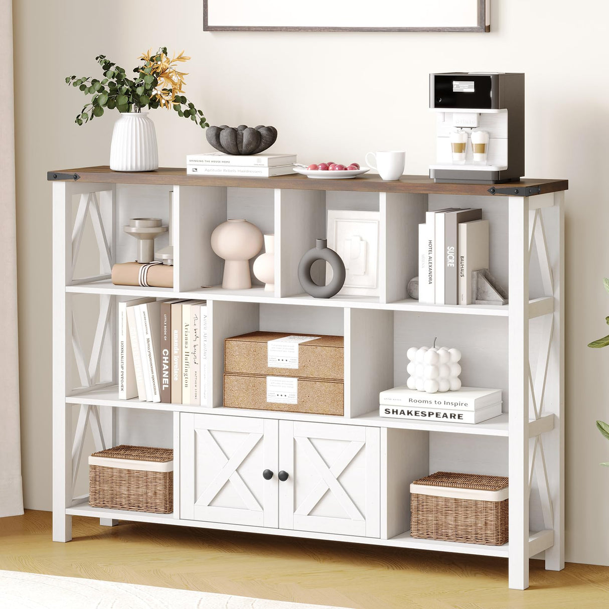 Halitaa Farmhouse Horizontal Bookcase, 11 Cube Storage Organizer Bookshelf, Wooden Open Cube Shelf Bookcase, 3 Tier Cube Display Bookshelves with Storage, Rustic White Halitaa