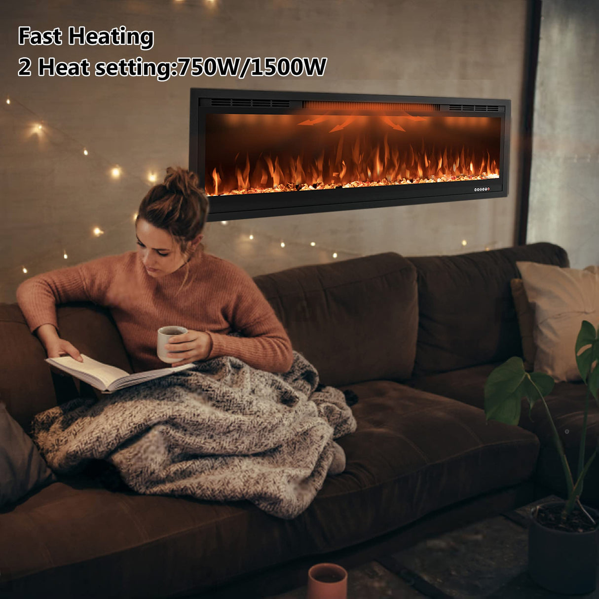 Rodalflame 60" WiFi-Enabled Electric Fireplace Insert, APP Smart Control, Wall Mounted&Recessed Linear Fireplace Heater with Thermostat, Flame&Top Lights, Log&Crystal, Timer RODALFLAME