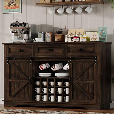 4ever2buy Farmhouse Coffee Bar Cabinet with Sliding Barn Door, Wine Bar Cabinet with Storage, 54 Inch Coffee Bar with 3 Drawers & 15 Racks, Buffet Cabinet for Living Dining Room, Kitchen, Dark Oak