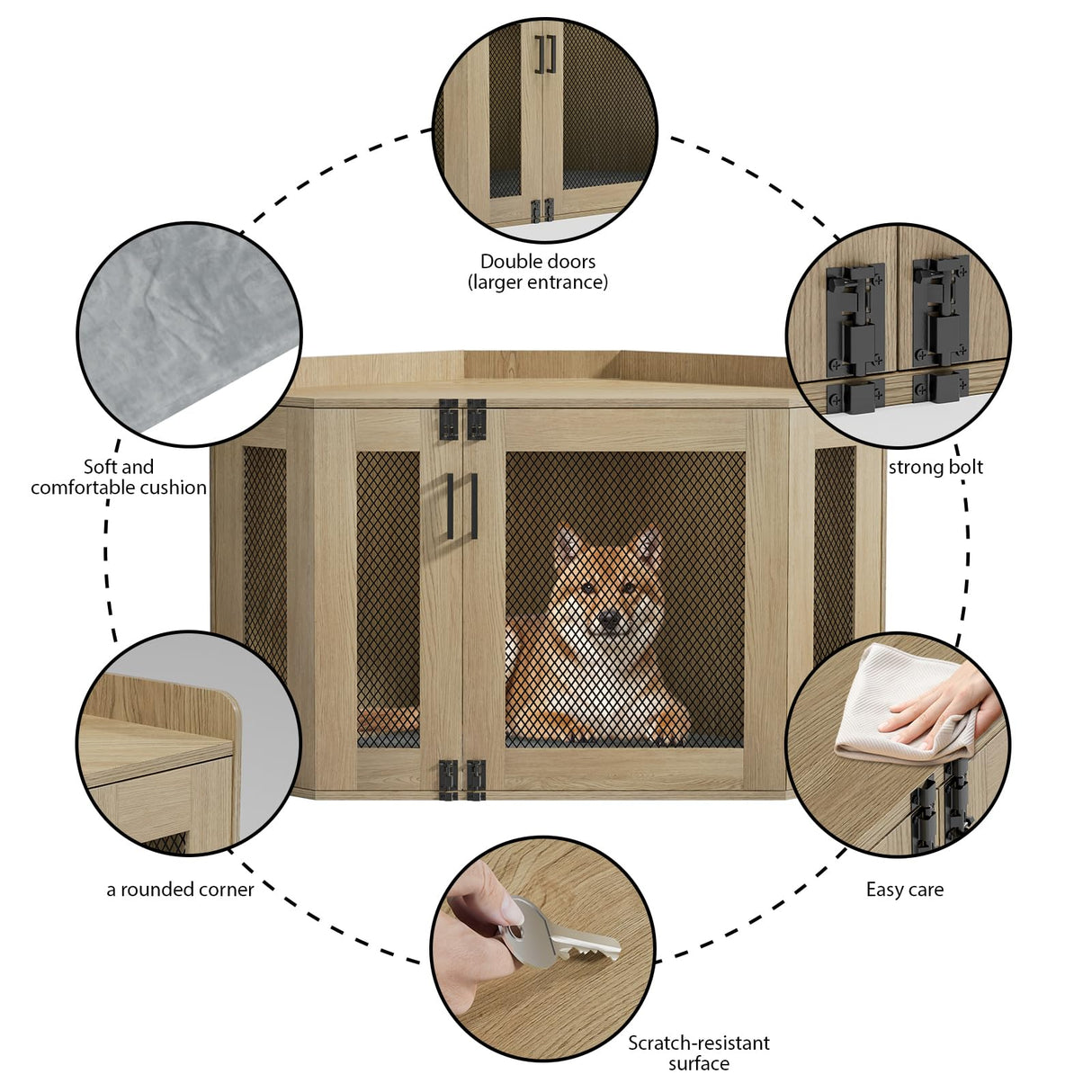 Corner Dog Crate Furniture - Dog Crate Cage for Small Medium Dogs, Wooden Indoor Aesthetic Puppy Kennel TV Stand, Modern Decorative Pet House Dog Cage, Light Oak Giluta