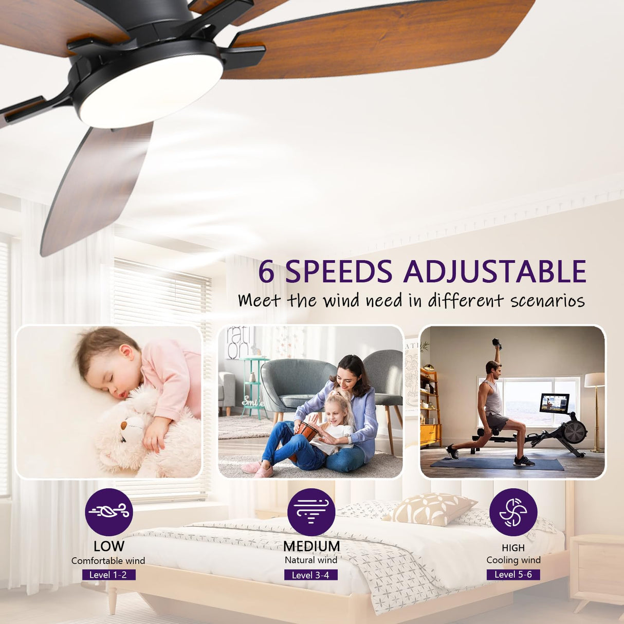FUMLTP 52inch Ceiling Fans with Lights, Low Profile Ceiling Fan with Light and Remote Control/APP Control, Flush Mount, Reversible Motor, Dimmable, Noiseless, Brown Ceiling Fan for Bedroom (Brown FUMLTP