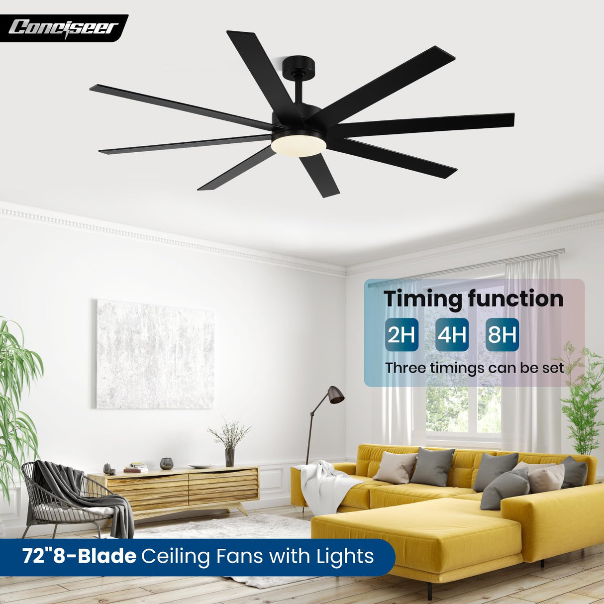 Modern 72 Inch Ceiling Fans with Lights and Remote, Dual Color 8 Blades, Bedroom Living Room Office Library Cafe Outdoor Industrial, 3CCT Dimmable, 6 Speed Reversible Quiet DC Motor, Black/Wood Grain Conciseer