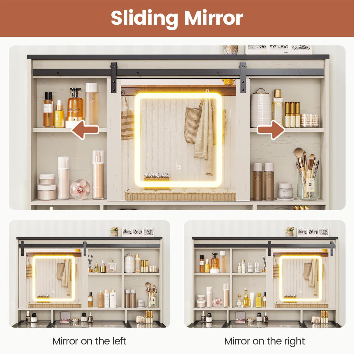 BTHFST Farmhouse Vanity Desk with Sliding Mirror and Lights, Large Makeup Vanity with Glass Top & Charging Station, Vanity Table with 5 Drawers & Shelves & Cabinets, Antique White BTHFST