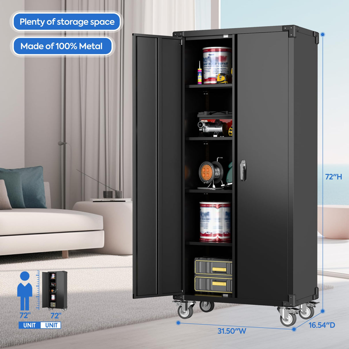 SUXXAN 72" Tall Metal Storage Cabinets with Doors and 4 Adjustable Shelves, Lockable Rolling Cabinet Black, Home Office Metal Utility Cabinet for Garage Kitchen, Assembly Required SUXXAN