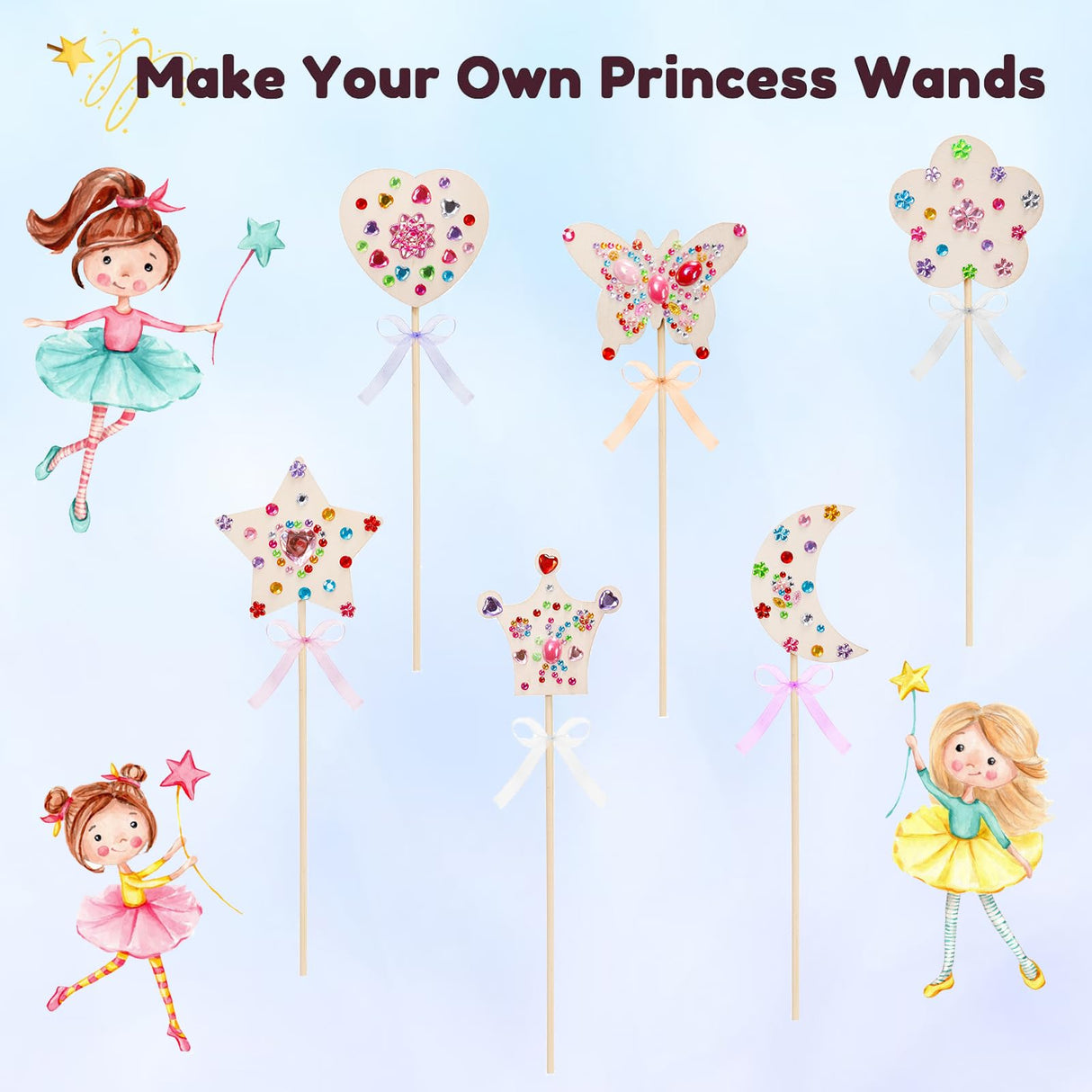 Frcctre 36 Pieces Princess Fairy Wands Kit Make Your Own Princess Wands DIY Art Craft Magical Wand Include 36 Pcs 6 Styles Unfinished Wooden Princess Wand 36 Pcs Ribbons 3 Pcs Gem Stickers Frcctre