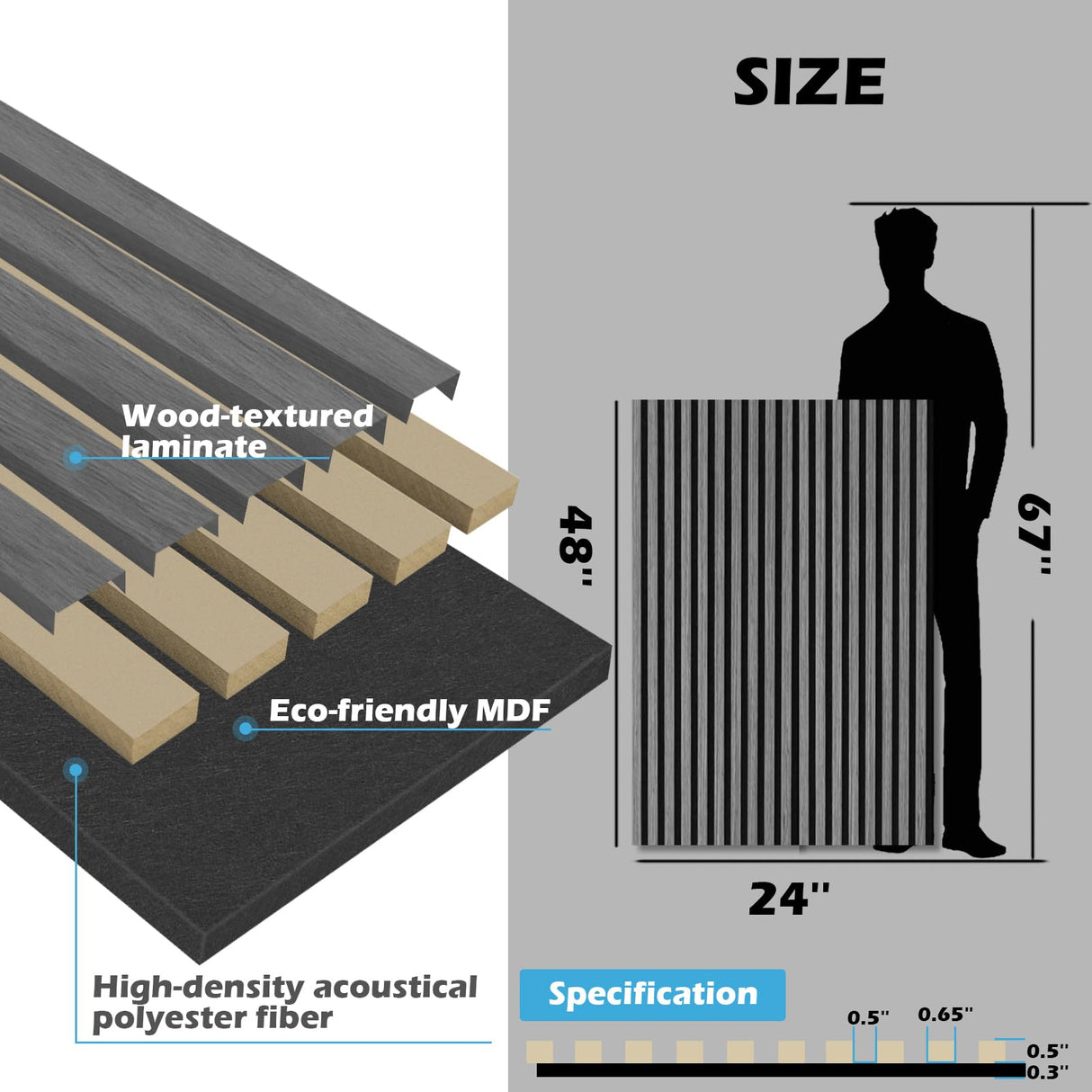 Art3d 2-Pack 48" x 24" Acoustic Wood Panels for Wall, Soundproof Wood Slat Panel for Wall and Ceiling, 3D Fluted Sound Absorbing Paneling for Interior Wall Decor, Living Room, Bedroom - Smoky Oak Art3d