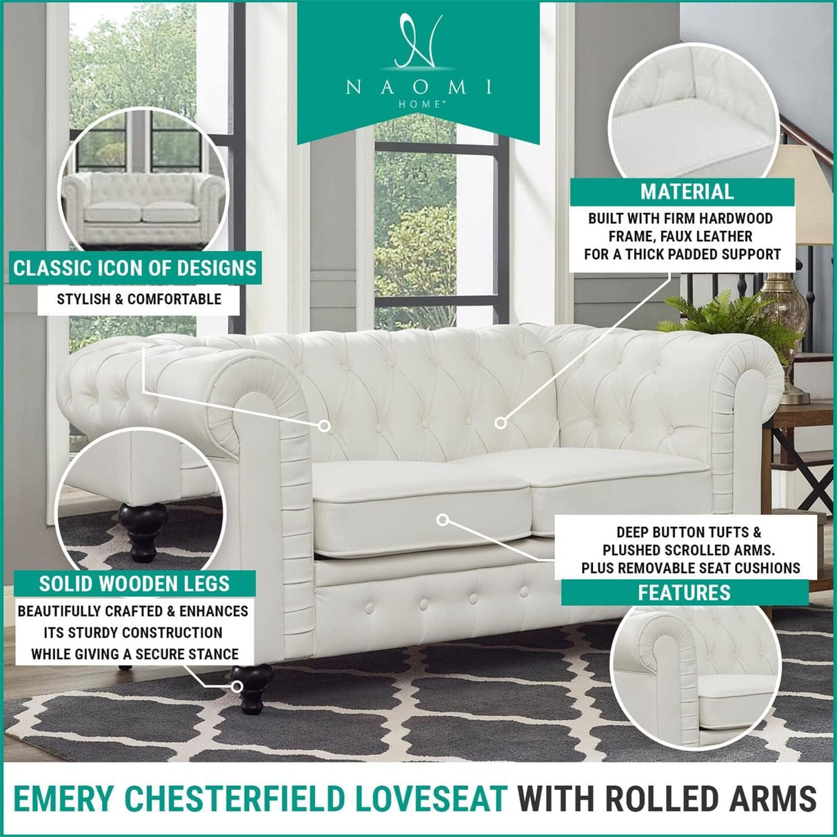Naomi Home Emery Chesterfield Leather Loveseat, Mini Sofa Sleeper Loveseat, Small Sofa Bed with Rolled Arms, Tufted Cushions 2 Seater Sectional Small Loveseat for Small Spaces, Living Room Off White Naomi Home