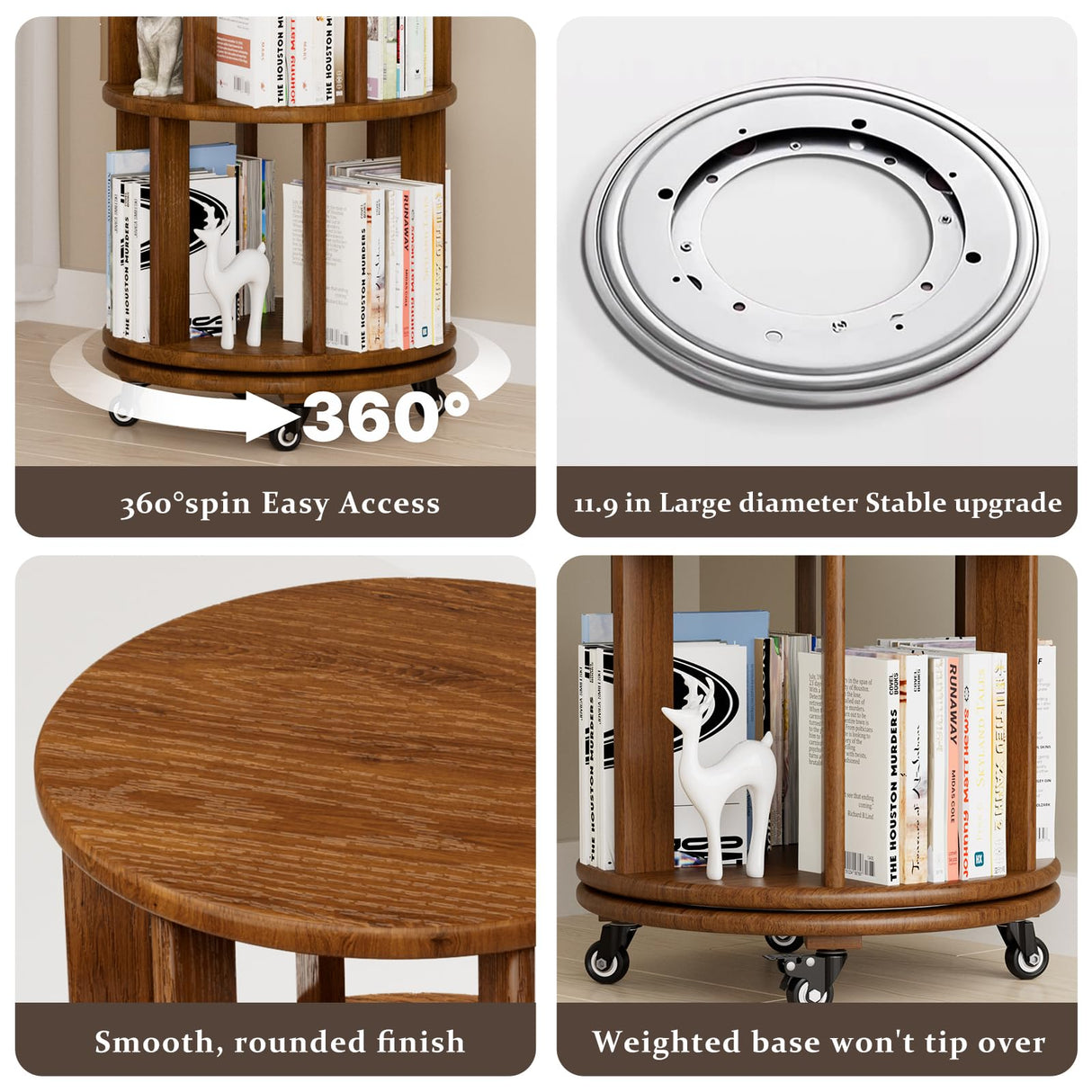 Azlafu Rotating Bookshelf Tower with Wheels, 6 Tier Walnut Wood Round Spinning Bookshelf Tower, 360° Revolving Bookcase Rolling for Kids Adult, Rotation Book Shelf for Bedroom, Living, Office, Corner Azlafu