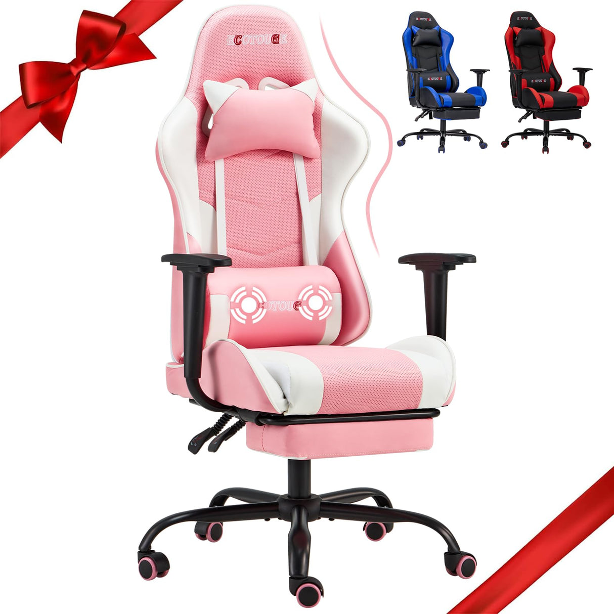 ECOTOUGE PC Gaming Chair Massage Ergonomic Office Desk Chair Racing PU Leather Recliner Swivel Rocker with Headrest and Lumbar Pillow, Pink-White ECOTOUGE