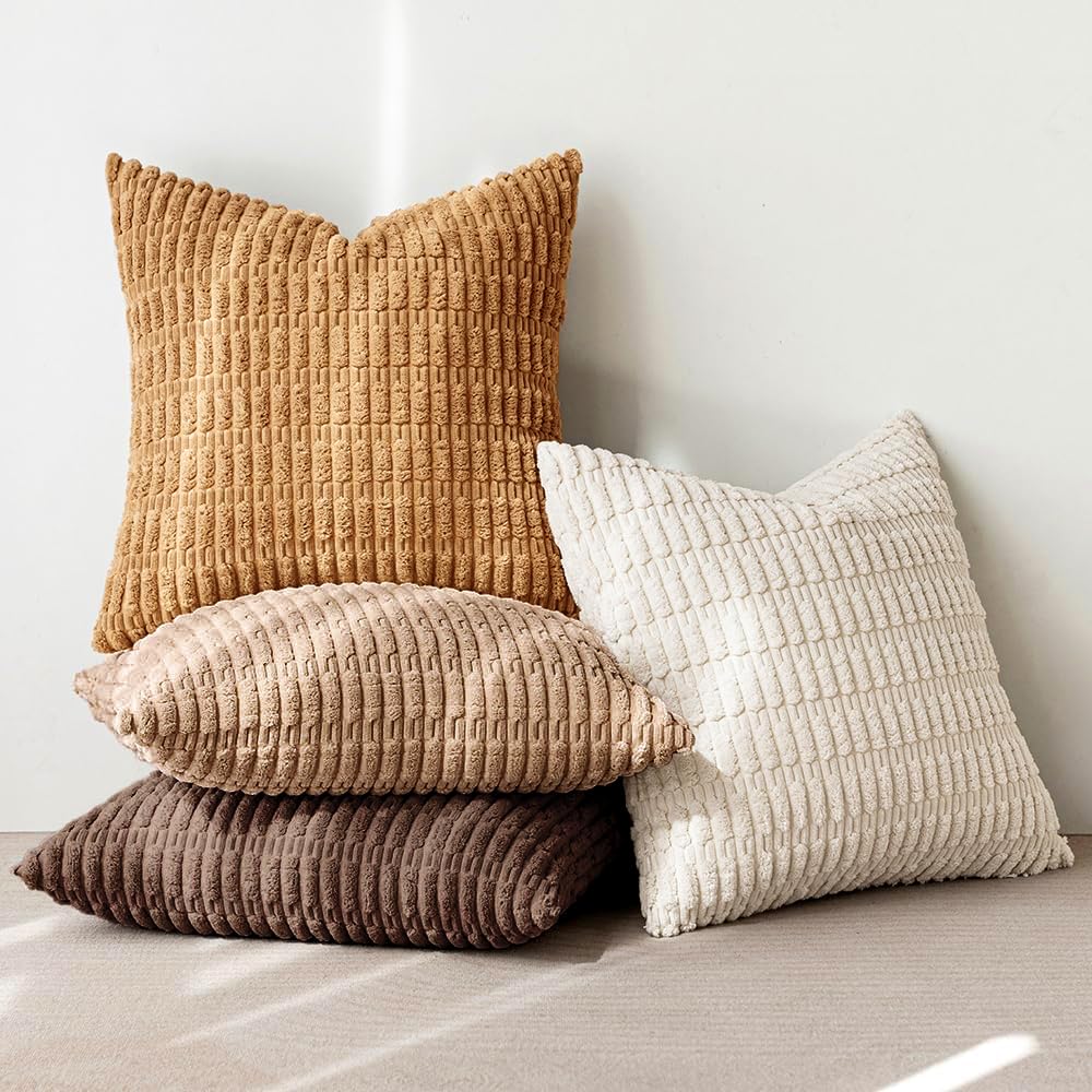 MIULEE Pack of 4 Neutral Corduroy Decorative Throw Pillow Covers 18x18 Inch for Sofa Living Room Couch Bed Rustic Farmhouse Boho Soft Striped Pillow Covers Home Decor Brown MIULEE