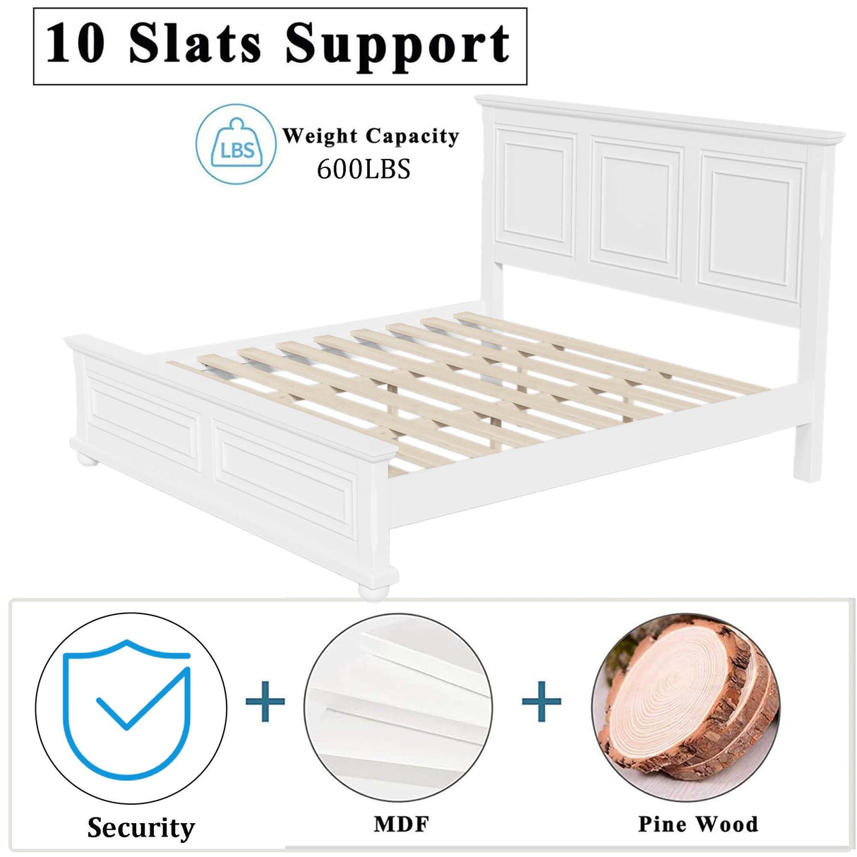 Mirightone King Size Platform Bed with Tall Headboard & Footboard in White Pinewood Mirightone