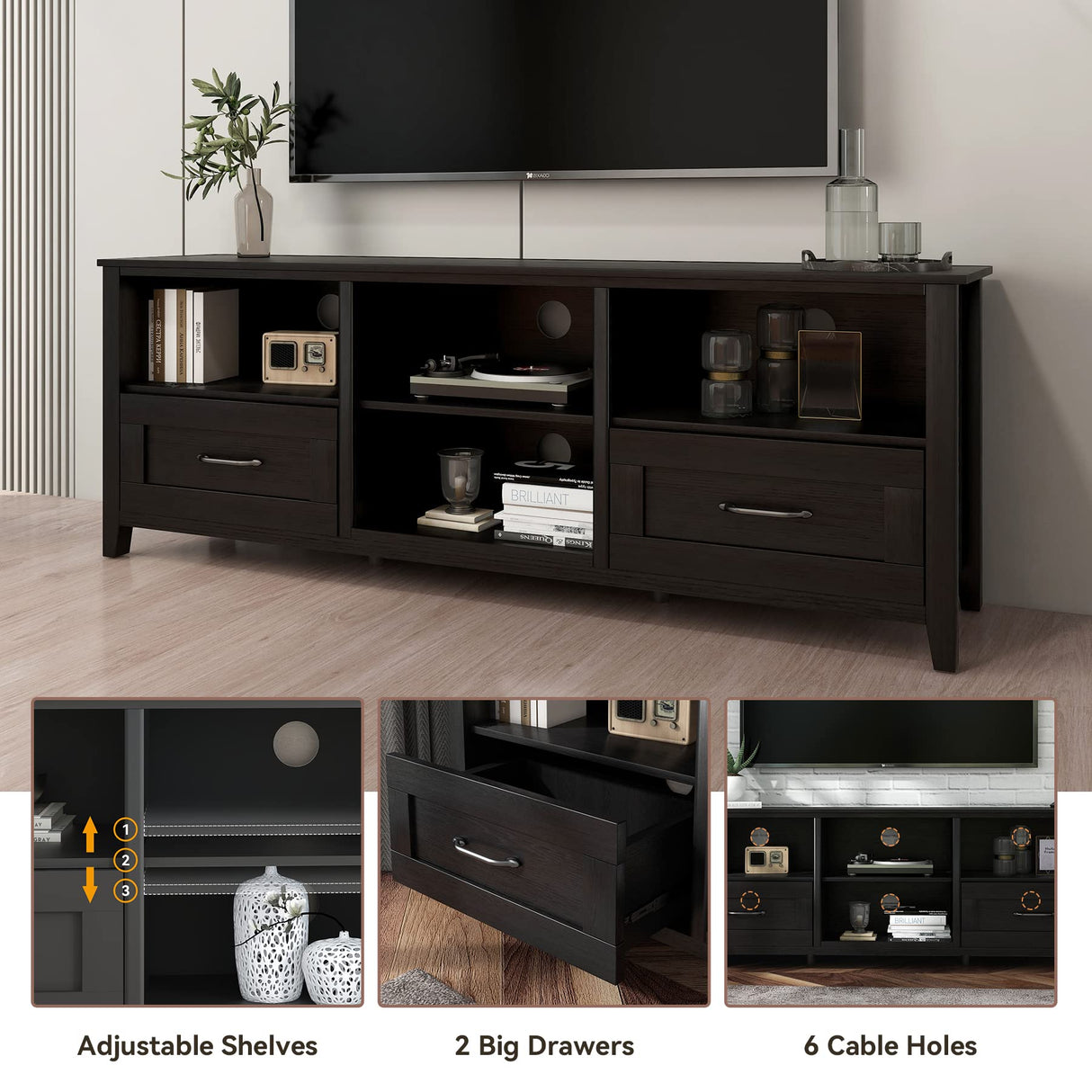 SAINTCY TV Stand for TVs up to 80", Large Television Stands with Drawers for Living Room, Farmhouse Entertainment Center with Storage and Shelves, TV Console Cabinet Furniture for Bedroom (Black) SAINTCY