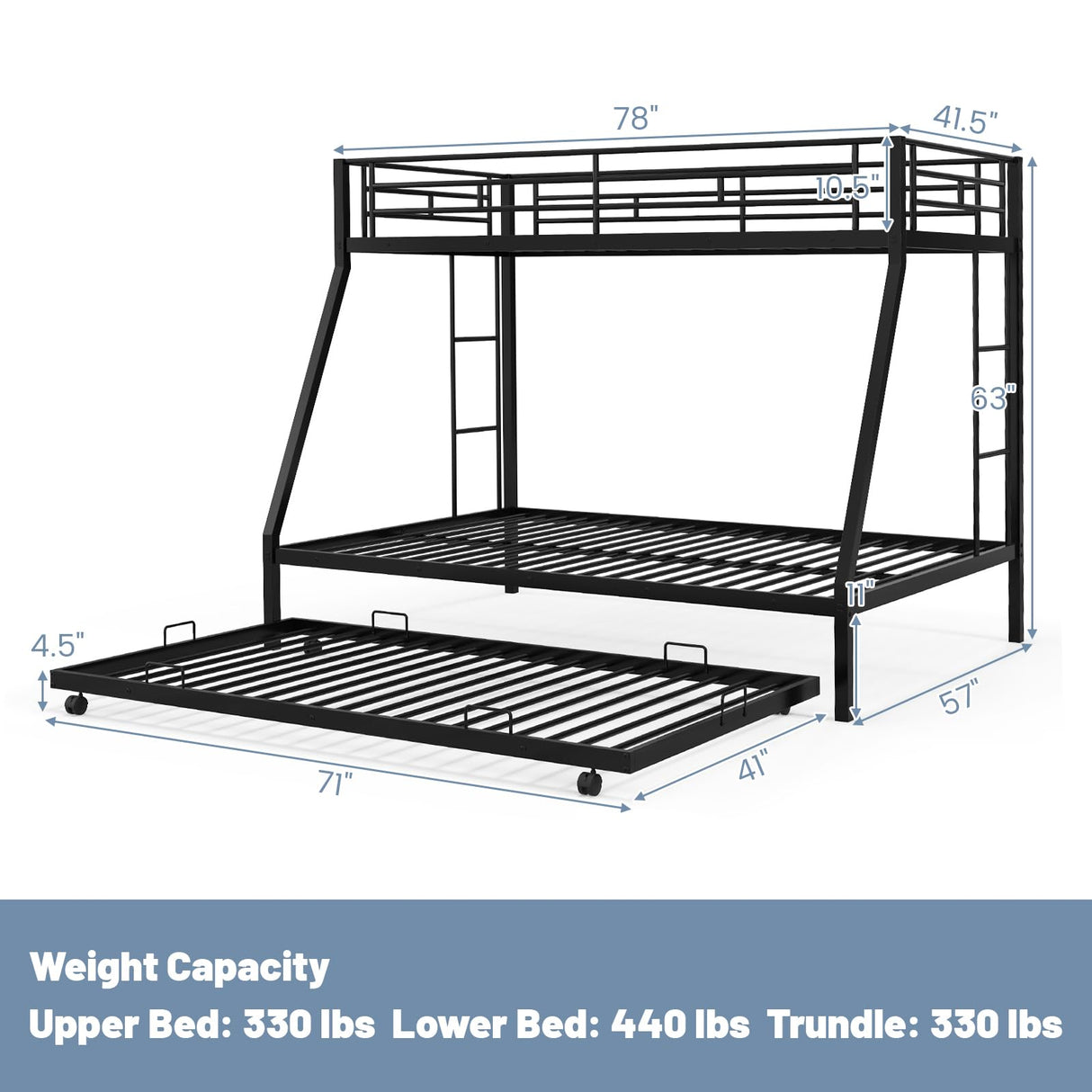 KOMFOTT Twin Over Full Bunk Bed with Trundle, Heavy-Duty Metal Bunk Bed Frame with Guardrail & 2 Ladders, Space-Saving Bunk Bed for Kids/Teens/Adults, No Box Spring Needed KOMFOTT