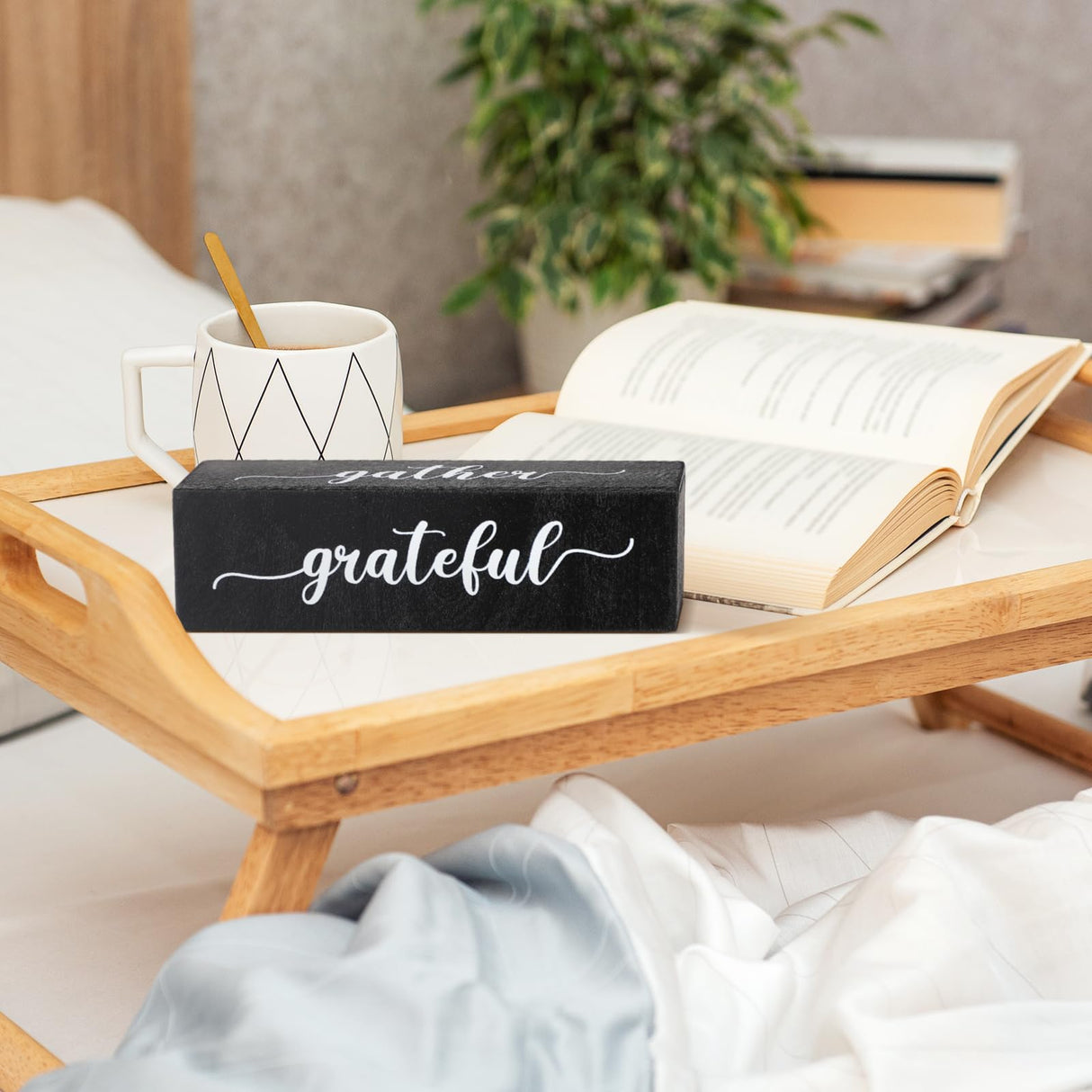 Jetec Four Sided Inspirational Block Sign Rustic Wooden Blessed Gather Thankful Grateful Sign Tabletop Block Decor for Office Home Farmhouse Tabletop, Bookshelf, Tiered Tray Decor (Black) Jetec